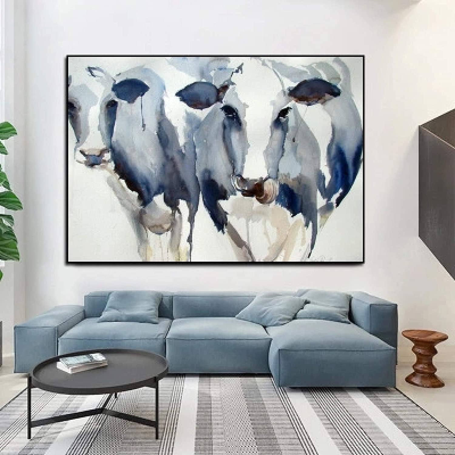 Modern Abstract Blue Watercolor Cow Canvas Wall Art - Nordic Style Framed Painting for Living Room Decor (18x24 Inch) | Perfect for Home, Office & Bedroom Wall Decoration
