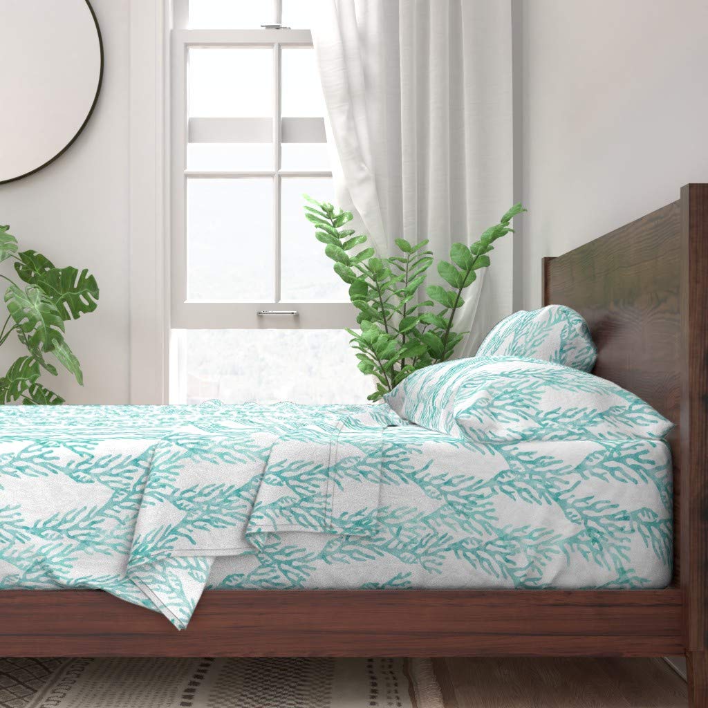 Spoonflower 100% Cotton Twin 3-Piece Sheet Set - Coral Teal Mermaid Ocean Aqua Turquoise Print Custom Bedding | Trendy Nursery Decor & Coastal Themed Bedroom Design