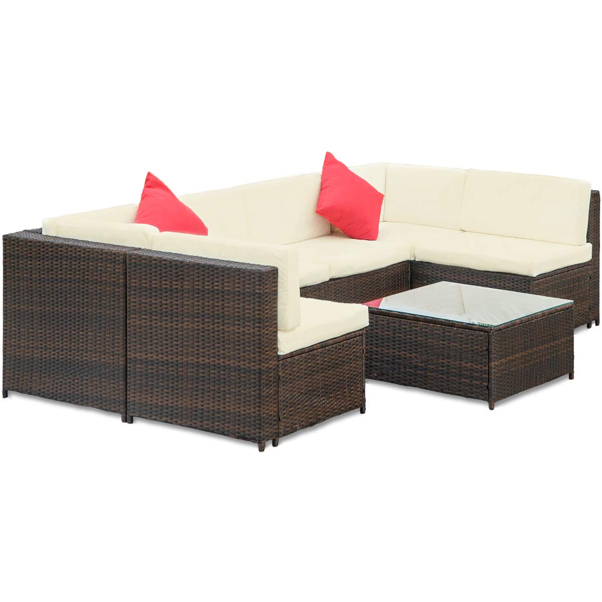 7-Piece Outdoor Patio Furniture Set - All-Weather Rattan Wicker Sectional Sofa with Cushions & Tempered Glass Coffee Table - Beige - Perfect for Backyard, Garden, Poolside & Patio Relaxation