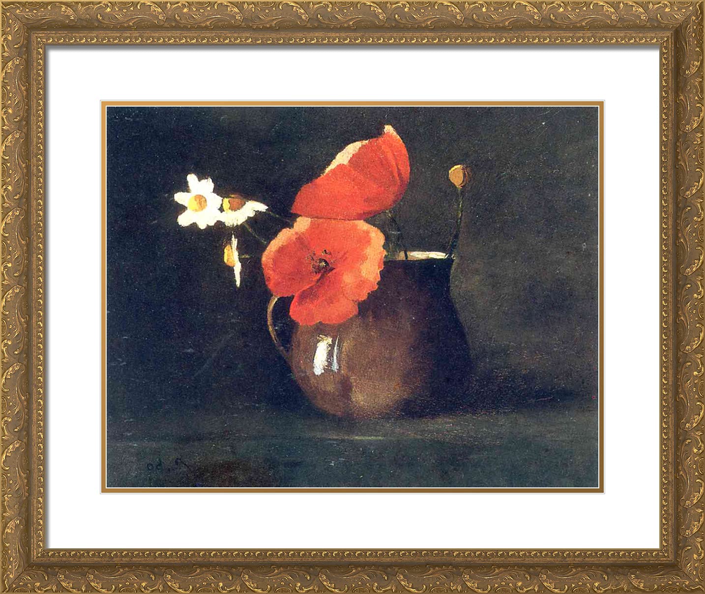 Odilon Redon 'Flowers in a Pot IV' 24x20 Inch Gold Ornate Framed Art Print with Double Matting - Vintage Floral Wall Decor for Living Room, Bedroom & Office