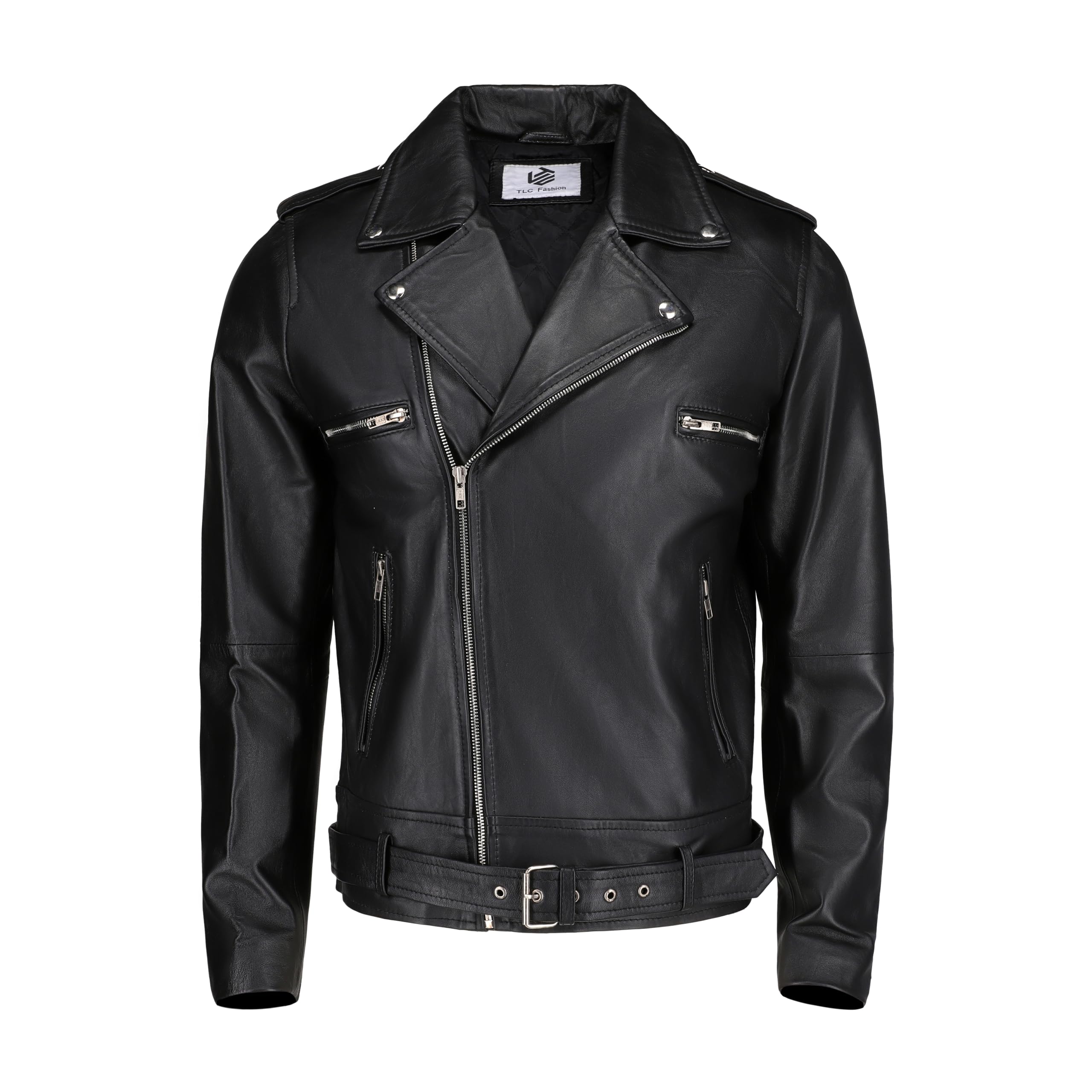 Premium Black Men's TLC Leather Biker Jacket with Notch Lapel Collar & Zipper Cuffs - Stylish Motorcycle Jacket for Riding, Casual Wear & Night Out
