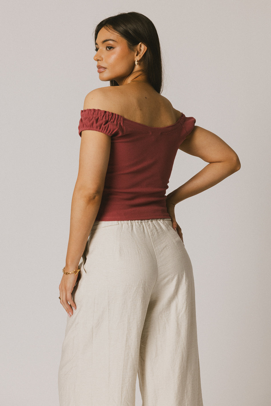 Ace Ribbed Top for Women - Soft Stretch Berry Color V-Neck T-Shirt - Casual Wear, Layering, Everyday Outfits