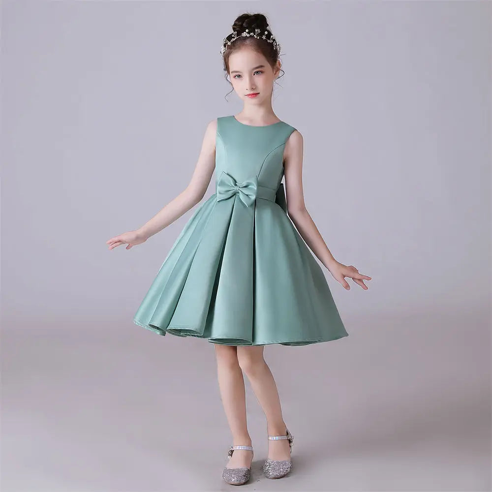Girls Sleeveless Satin Bow Flower Princess Dress - Elegant O-Neck Party Gown for Birthday, Flower Girl, Pageant & Special Occasions