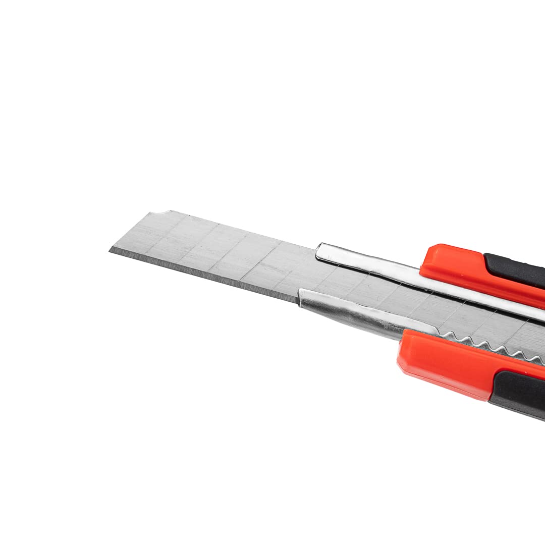 Handy Tek 5.3 Inch Retractable Utility Knife Set of 4 - Snap-Off Blades, Built-In Safety Lock, Heavy Duty Orange Plastic Breakaway Knives with Sharp Blades - Perfect for Restaurant, Kitchen, Packaging & DIY Projects