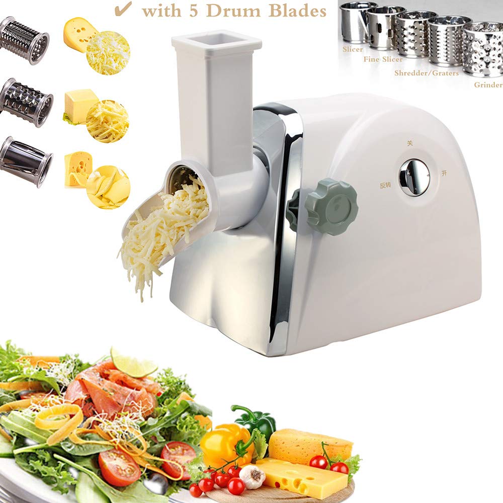 Electric Rotary Cheese Grater & Vegetable Slicer - 5 Interchangeable Blades for Fruits, Nuts, Chocolate | 220V Mandoline Slicer & Salad Maker Machine (White) | Perfect for Meal Prep, Salad Bars & Home Cooking