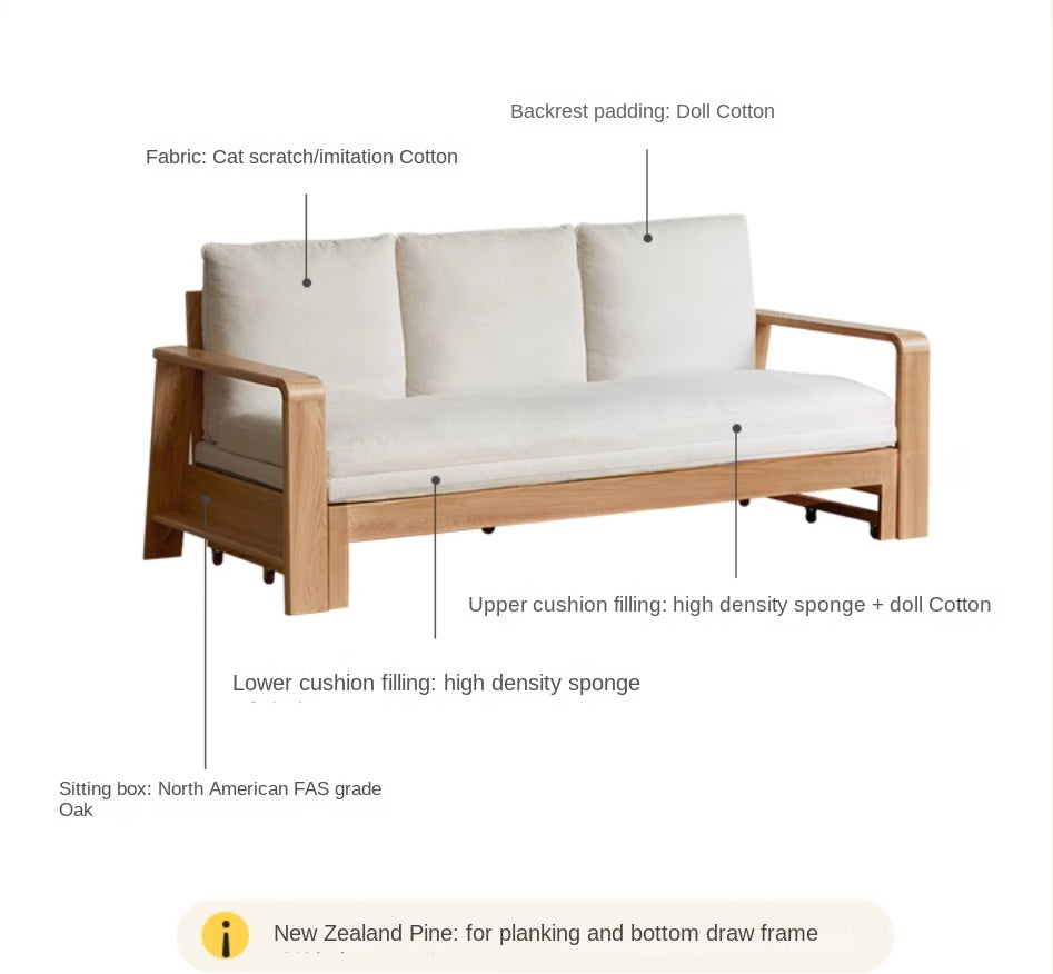 Oak Solid Wood Nordic Telescopic Sofa Bed - Space Saving Convertible Couch for Small Apartments & Guest Rooms | Modern Scandinavian Furniture for Living Room & Studio
