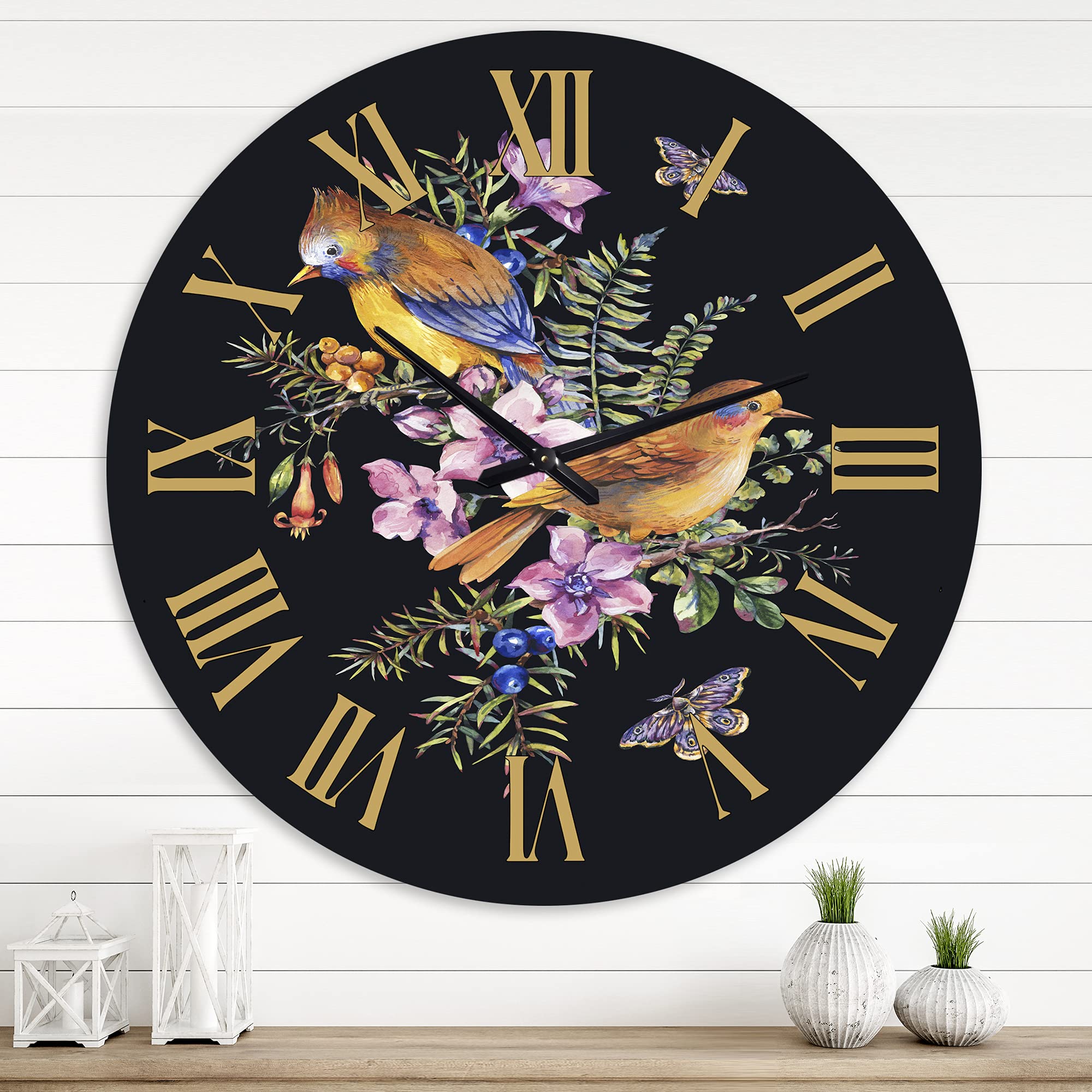 Large Traditional Wall Clock with Little Bird on Colorful Wildflower Bouquet - Perfect for Kitchen, Living Room & Home Decor | Silent Non-Ticking Wall Art