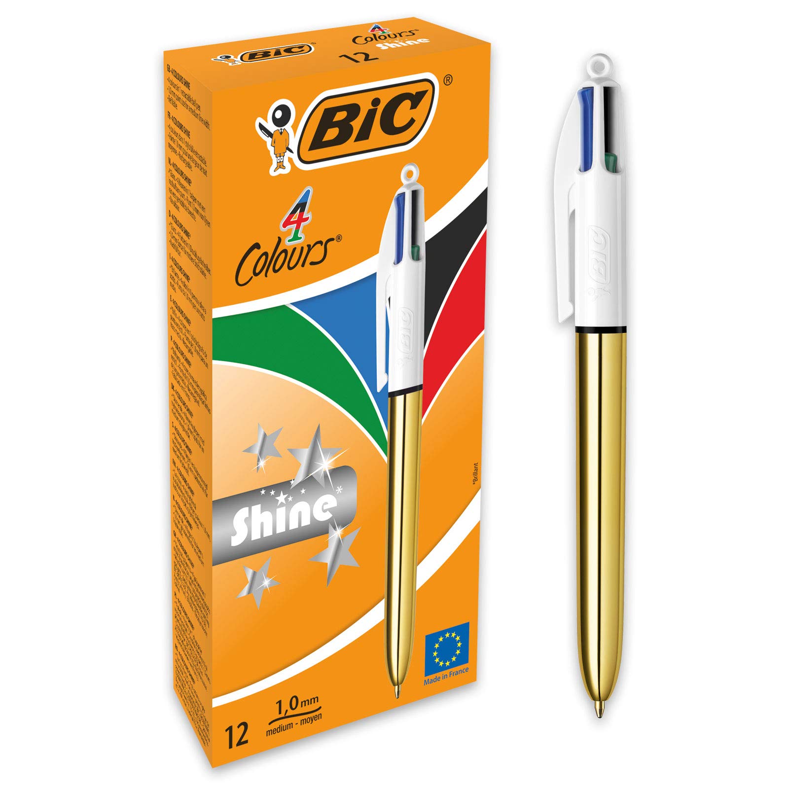 Bic 4 Color Shine Ballpoint Pens - Medium Point 1.0mm, Metallic Gold Barrel (Pack of 12) - Perfect for Office, School, Note Taking & Gift Giving