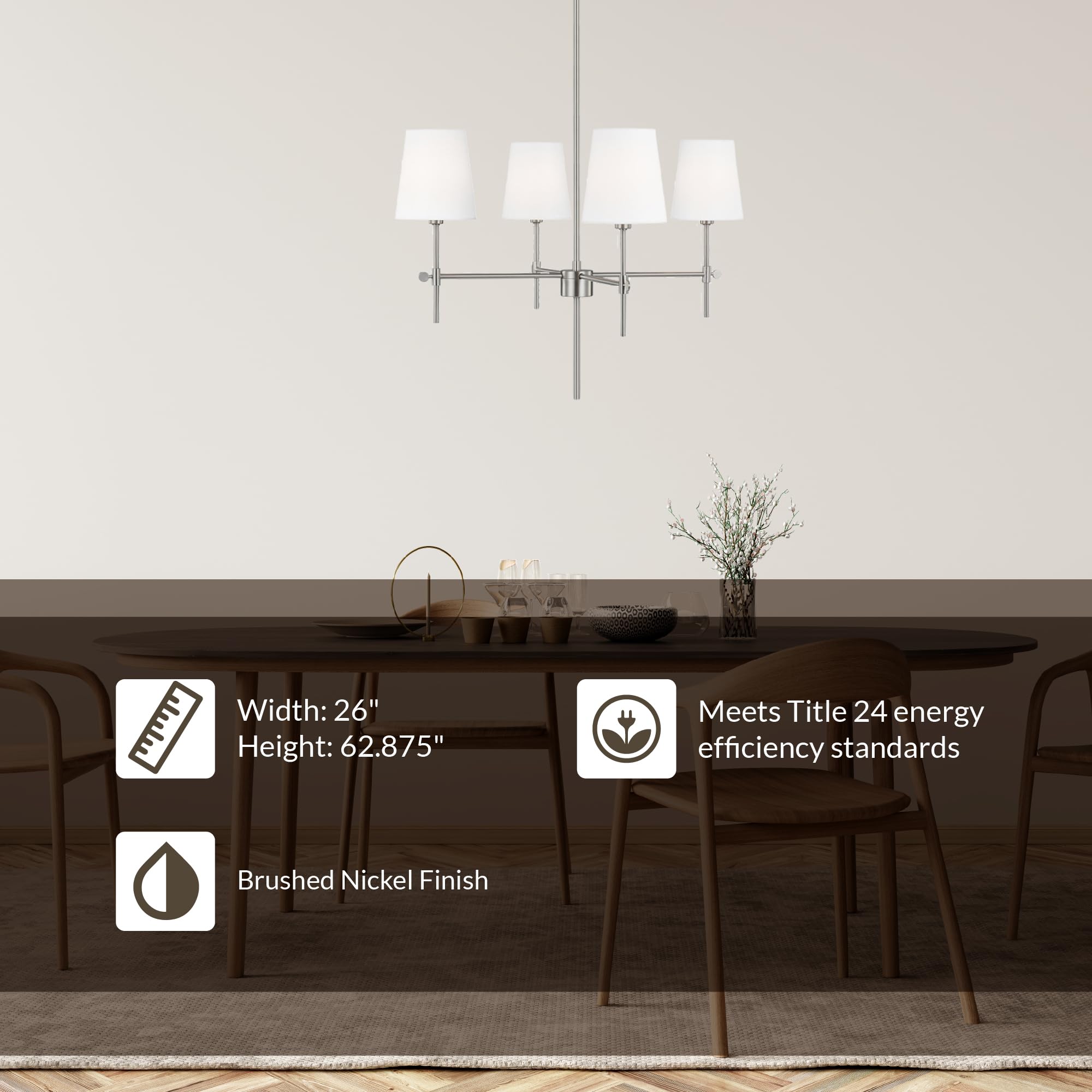 Modern 4-Light Baker Chandelier in Brushed Nickel - Generation Lighting 3287204-962 | Elegant Ceiling Light Fixture for Dining Room, Living Room & Bedroom Decor | Compatible with LED & Standard Bulbs | Perfect for Home, Office & Restaurant Lighting