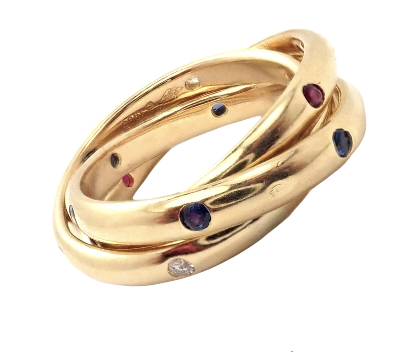 Authentic Cartier 18k Yellow Gold Ruby Sapphire Diamond Trinity Band Ring Vintage 1995 - Luxury Jewelry for Anniversary, Wedding & Special Occasions