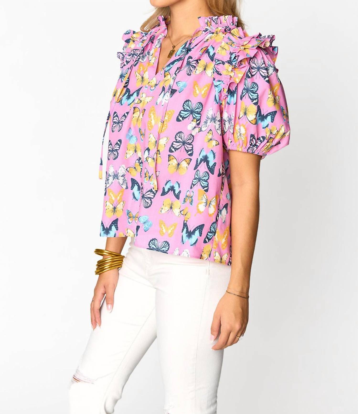 Elegant Pink Butterfly Blouse - Women's Floral Print Top for Spring & Summer | Perfect for Casual Outings, Date Nights & Office Wear