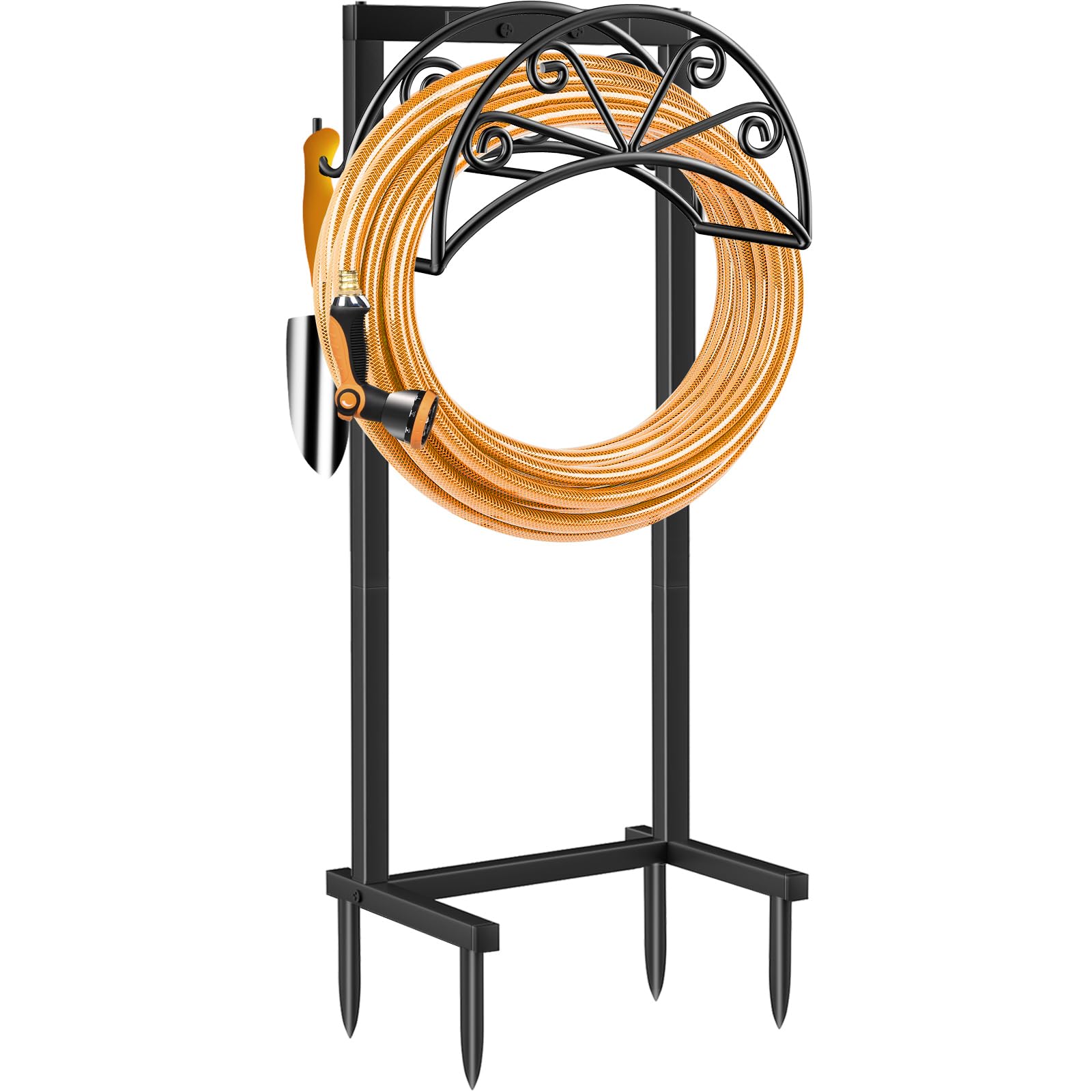 Heavy Duty Freestanding Garden Hose Holder with 4 Spikes & 2 Tool Hooks - Sturdy Outdoor Water Hose Storage Stand for 160 FT Hose - Perfect for Yard, Lawn, Garden Watering & Tool Organization (Black)