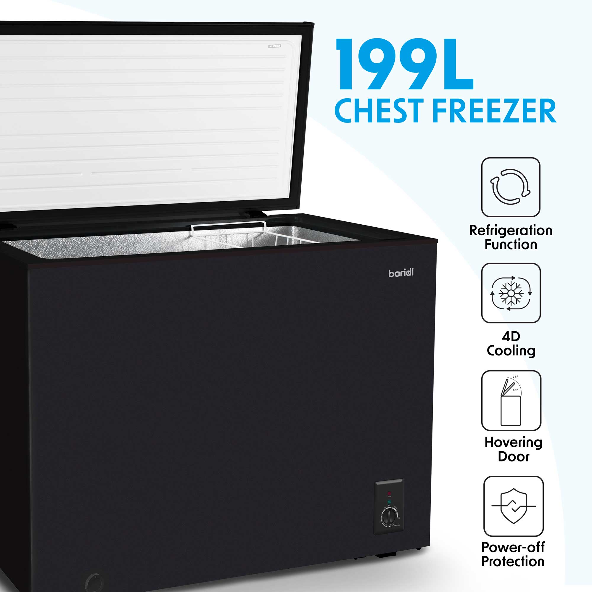 Baridi 199L Freestanding Chest Freezer with Adjustable Thermostat - Black DH151 | Energy Efficient Deep Freezer for Garage, Basement & Outdoor Use | Perfect for Bulk Food Storage, Meal Prep & Hunting Season