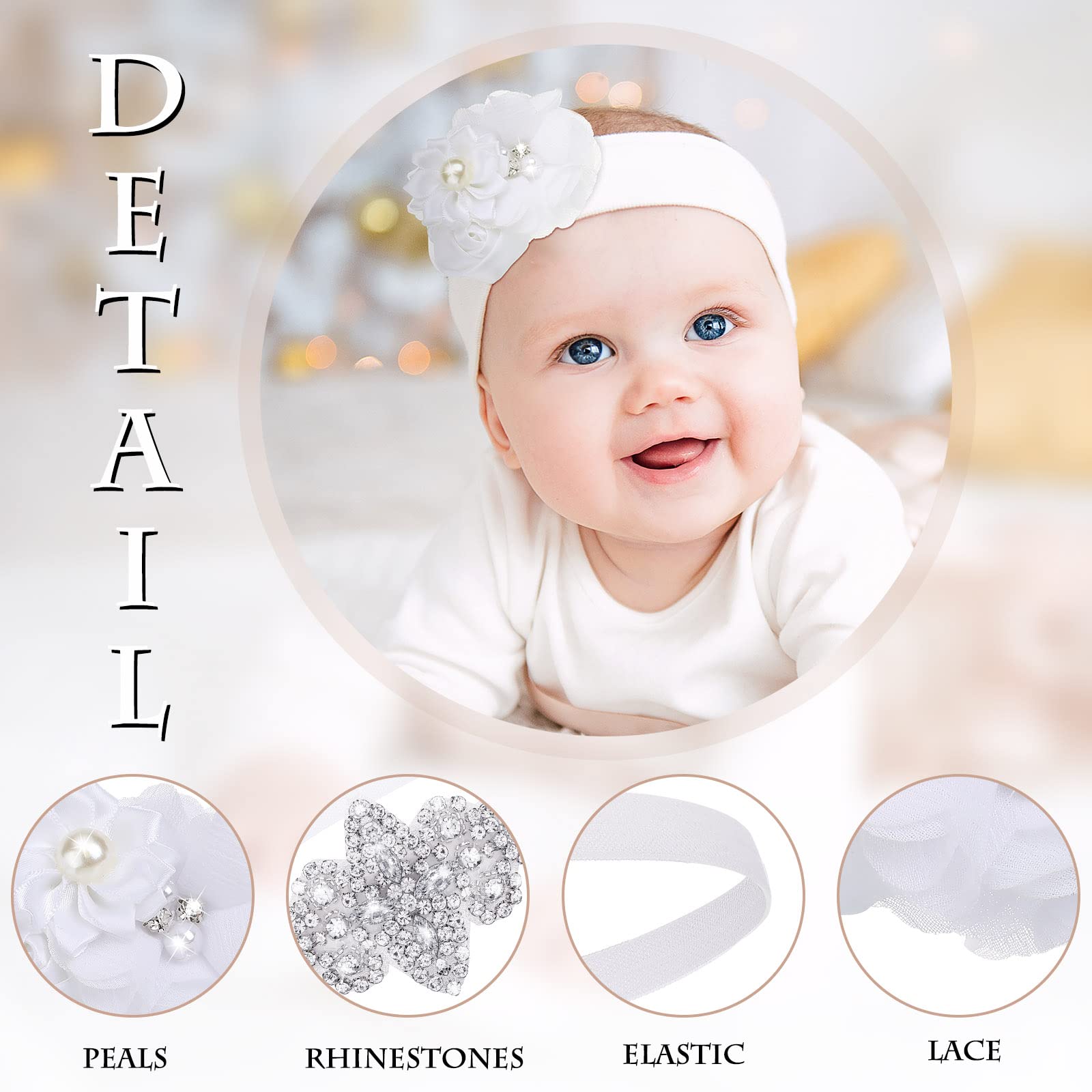 6-Piece White Baptism Headband Set for Baby Girls - Soft Elastic Christening Headbands with Chiffon Flower & Crystal Lace - Perfect for Infants 3-6 Months - Ideal Gift for Baby Shower, Birthday & Baptism Ceremonies - Elegant Accessories for Special Occasions & Photo Shoots