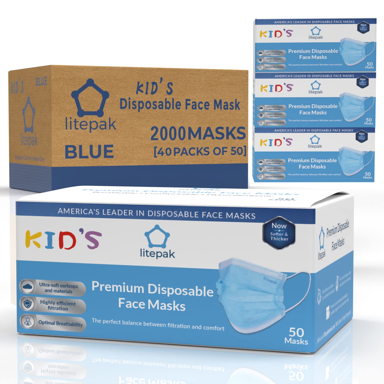 2000pcs Disposable Face Masks for Kids - 3-Ply Breathable Protective Masks for Boys & Girls (Blue) - Perfect for School, Travel, and Daily Outings