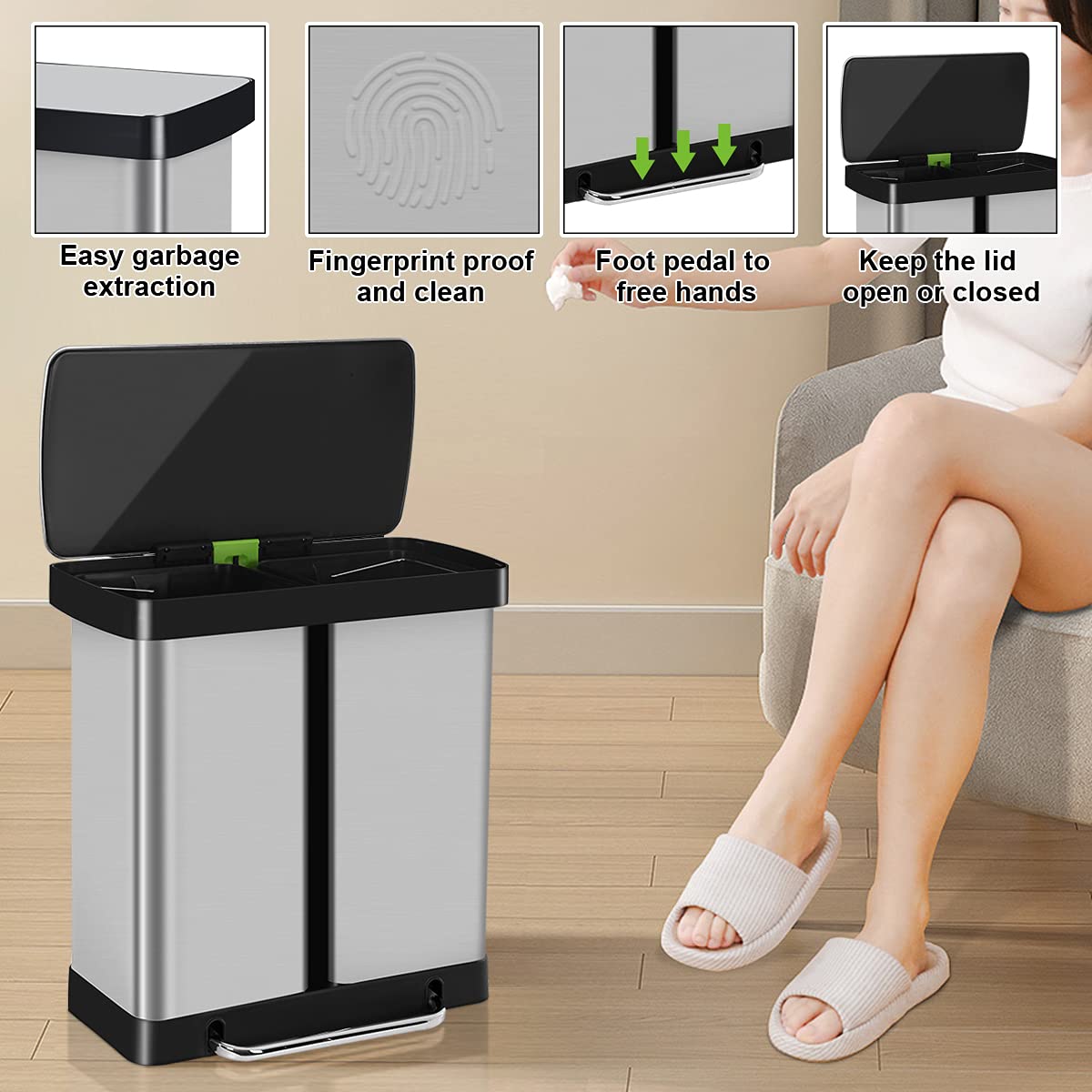 16 Gallon Stainless Steel Dual Trash Can with Lid - 60L High Capacity Step Garbage Bin for Kitchen, Bathroom, Bedroom & Office - Perfect for Waste Separation & Recycling in Home or Workplace