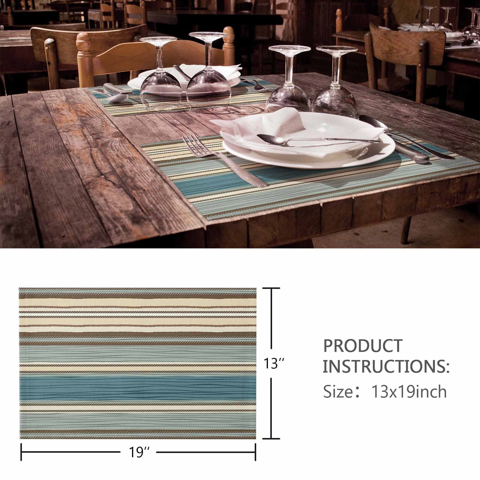 Retro Teal Boho Striped Cotton & Linen Placemats Set of 4 - Washable Dining Table Mats 13x19 Inches for Kitchen, Party, Wedding Decor - Perfect for Boho Chic Dining, Farmhouse Tables & Coastal Home Decor