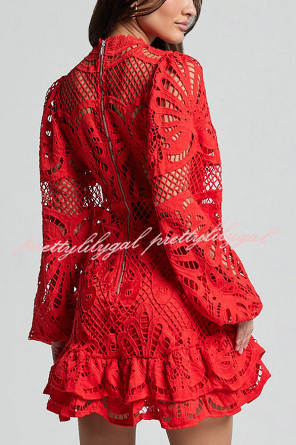Elegant Solid Color Hollow Long Sleeve Waisted Lace Mini Dress for Women - Perfect for Parties, Dates & Special Occasions
