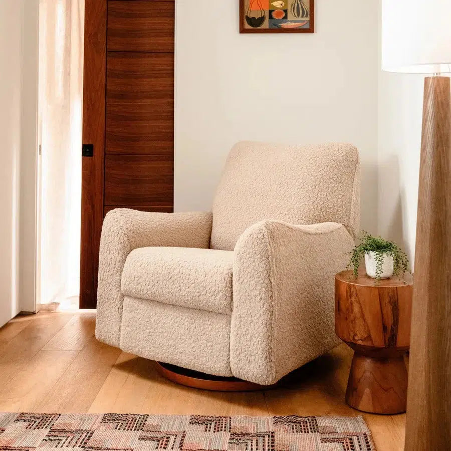 Babyletto Sunday Electronic Glider and Recliner Chair - Luxe Chai Shearling Upholstery with Dark Wood Base for Nursery, Breastfeeding, and Relaxation