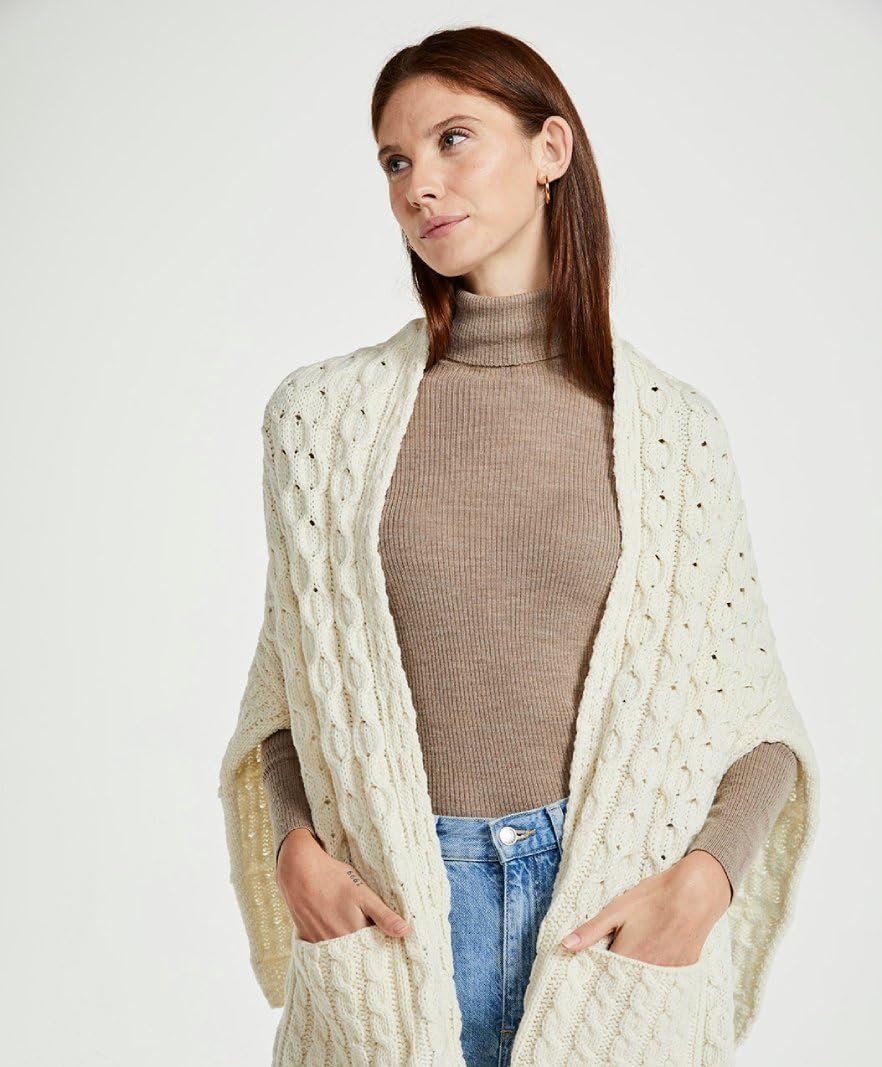 Traditional Irish Wool Shawl - Aran Stitch Pattern, One Size, Natural Beige - Perfect for Winter Warmth, Celtic Weddings & Cozy Home Decor