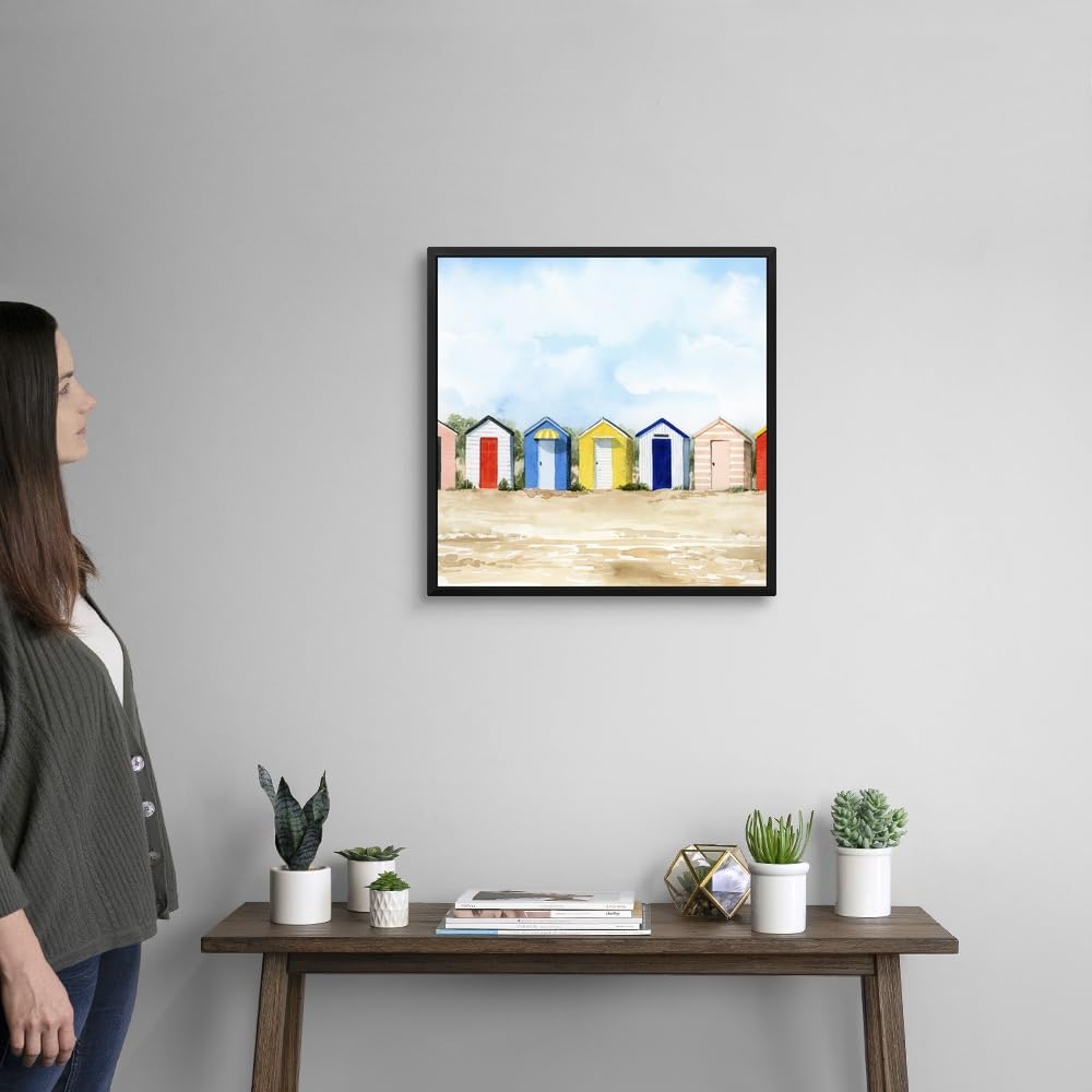 Beach Huts II Black Float Frame Canvas Art - Coastal Wall Decor for Living Room, Bedroom & Office - Nautical Beach House Painting for Home & Vacation Rental Decor