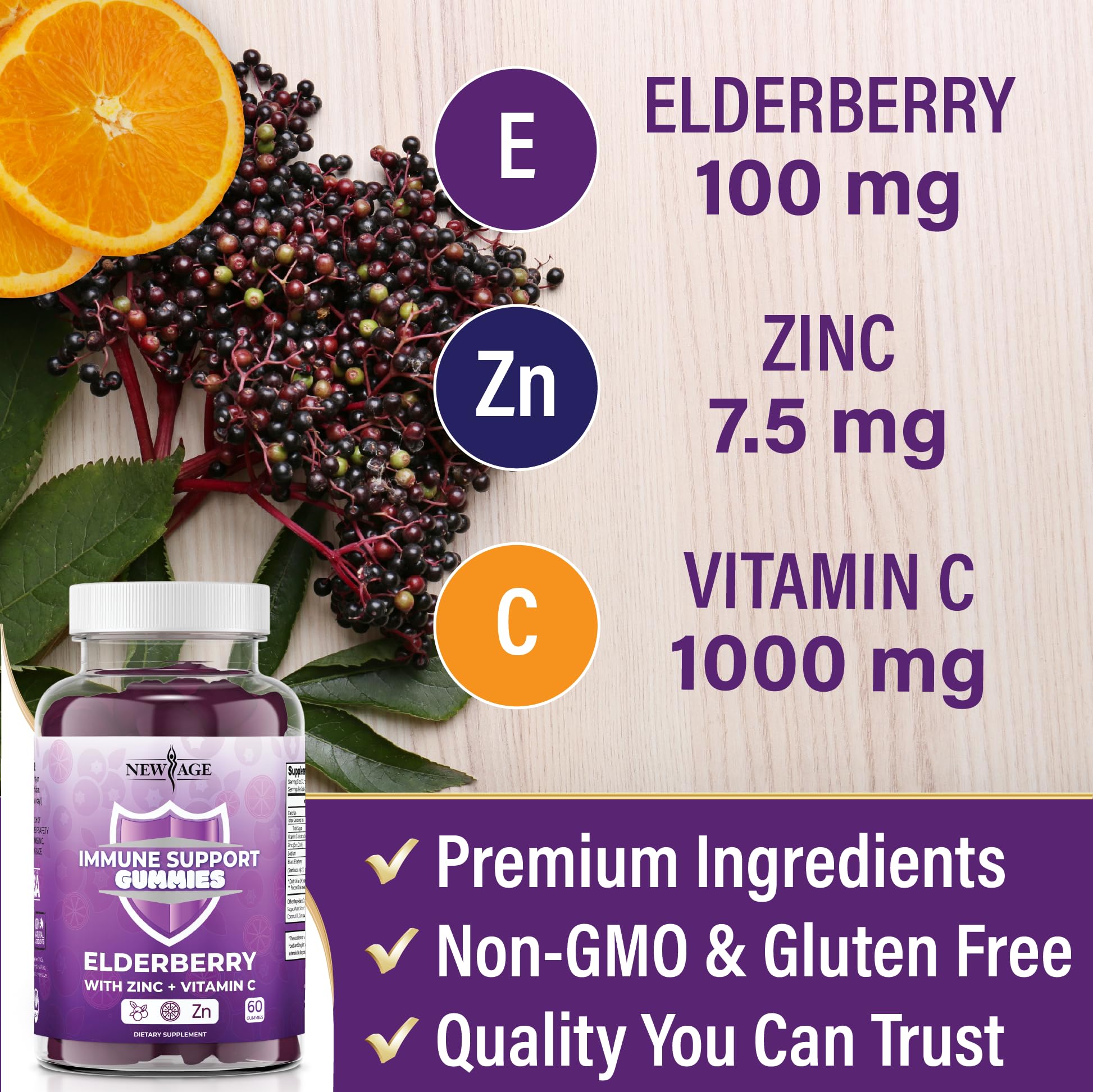 NEW AGE Immune System Support Gummies - Sambucus Black Elderberry Gummies with Vitamin C & Zinc for Immunity Boost (120 Count) | Daily Immune Support Supplement for Adults & Kids | Perfect for Cold & Flu Season