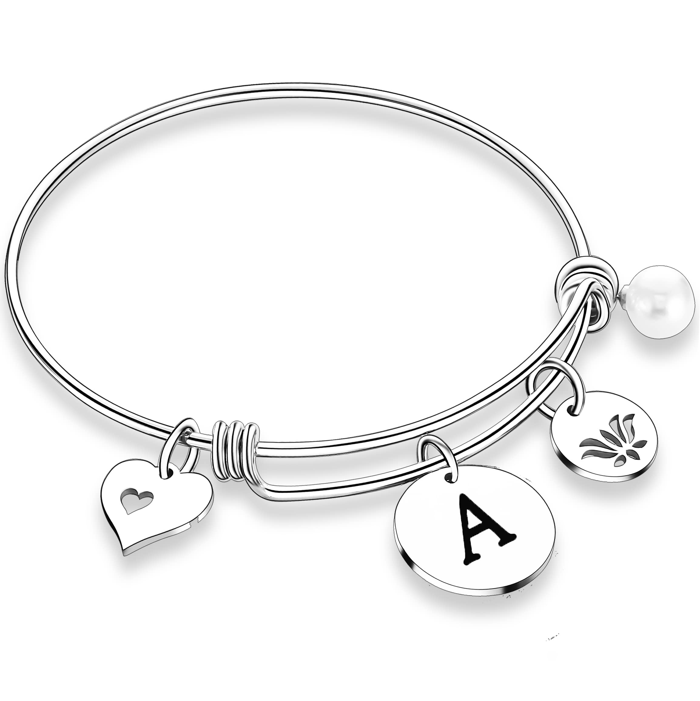 Personalized Initial Letter Bracelet for Women & Girls - Heart & Flower Charm Bangle with 26 Alphabet Letters - Custom Name Jewelry for Gifts, Friendship & Everyday Wear
