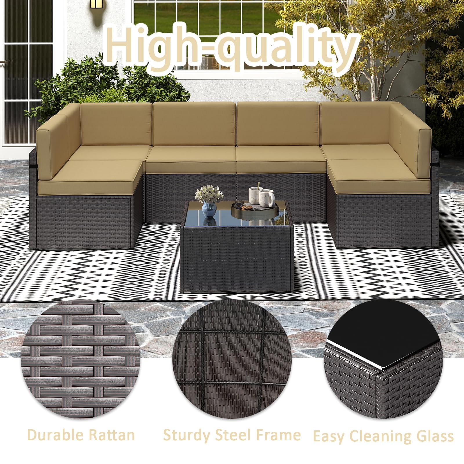 Premium Outdoor Patio Furniture Set - 7-Piece PE Rattan Wicker Sectional Sofa with Glass Coffee Table & Cushions for Porch, Balcony, Garden, Poolside (Khaki) | Perfect for Relaxing, Entertaining & Outdoor Living Spaces