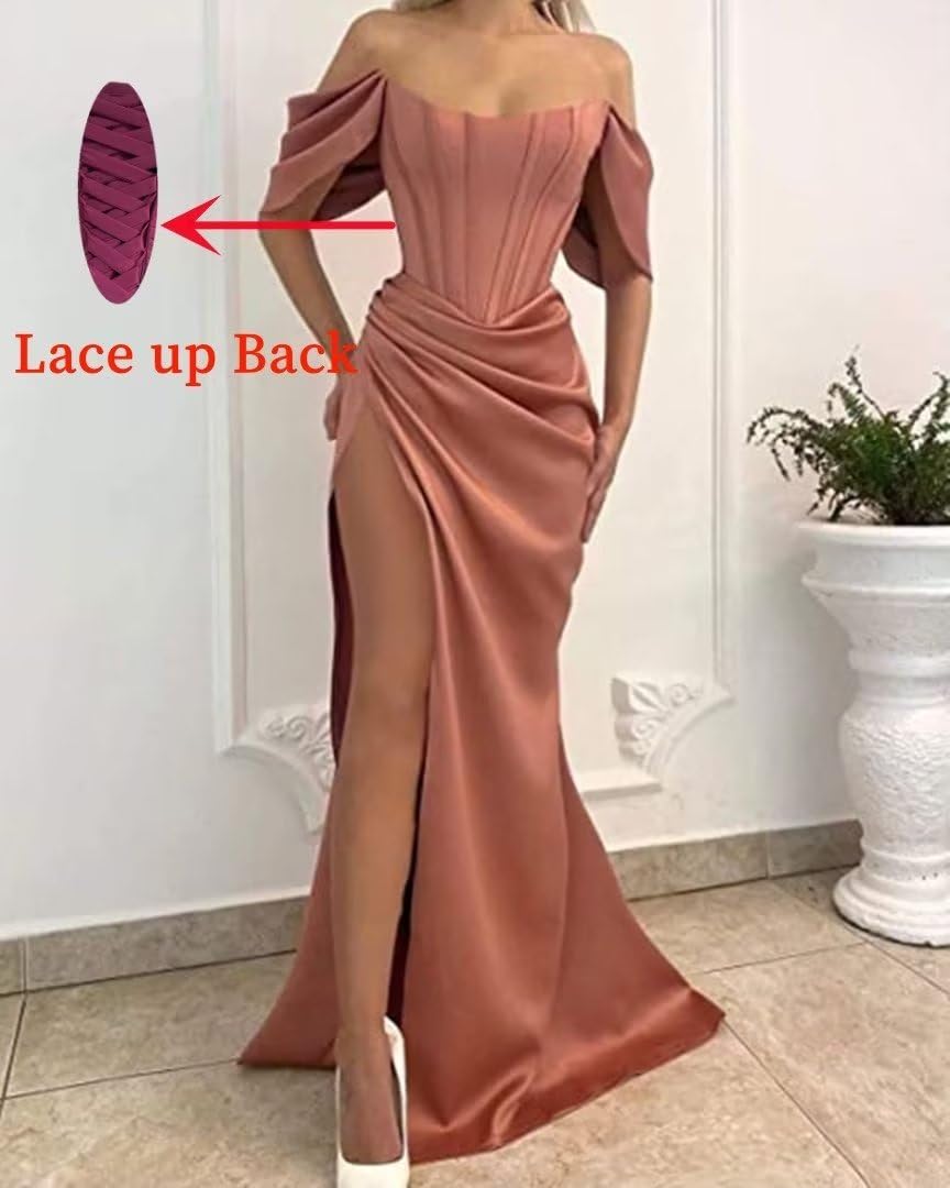 Elegant Off-The-Shoulder Mermaid Prom Dress with Ruched Satin Detail - Wedding Bridesmaid & Evening Gown with High Slit - Perfect for Formal Events, Homecoming, and Special Occasions