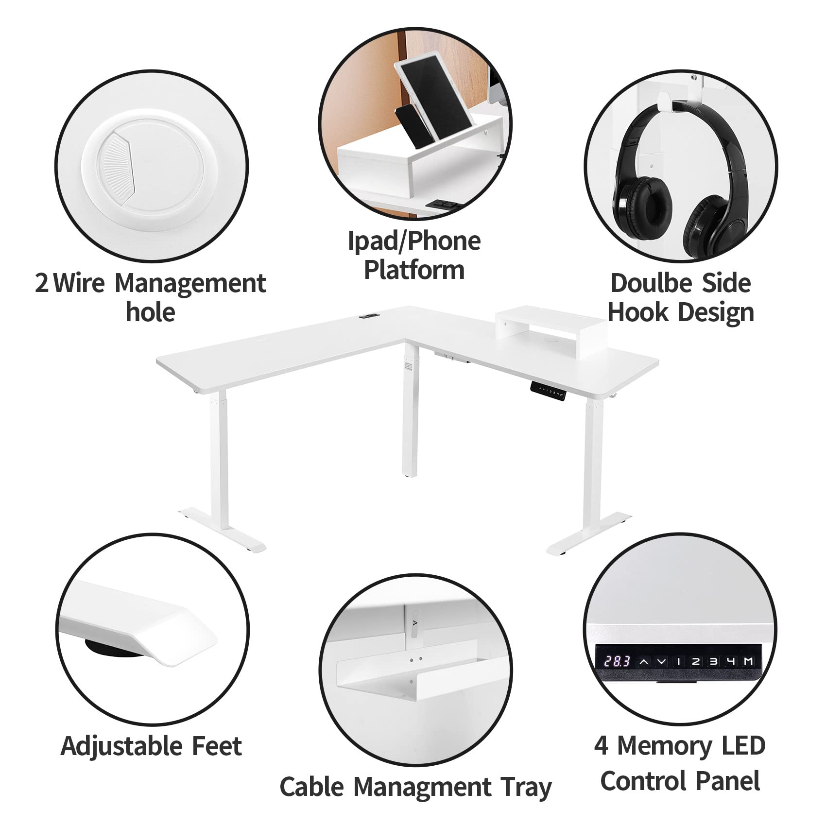 UNICOO L-Shaped Triple Motor Electric Standing Desk - Height Adjustable Corner Desk for Gaming & Home Office, Easy Touch Control, Solid Steel Frame (White Top/White Frame) - Perfect for Small Spaces & Ergonomic Workstations