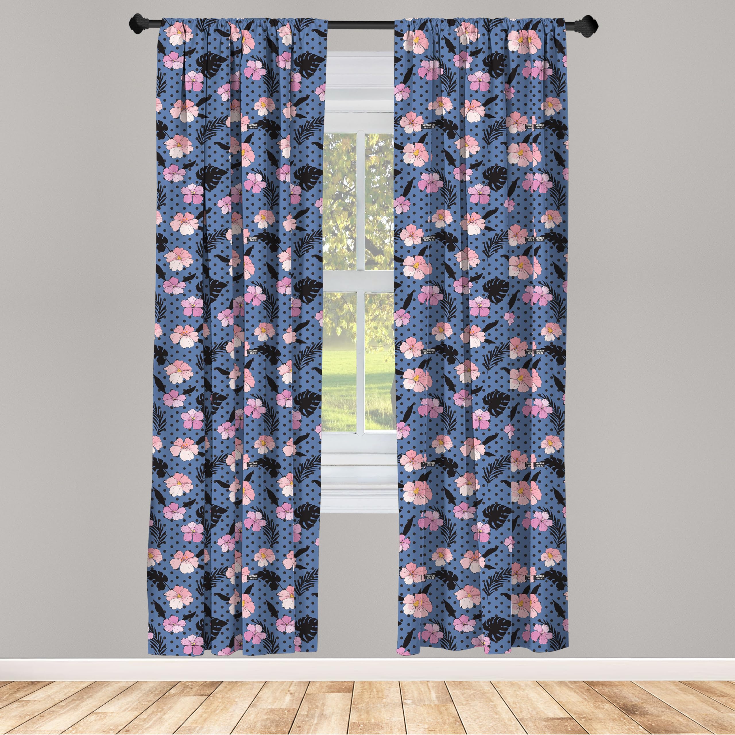 Ambesonne Exotic Hibiscus Monstera Leaf Palm Island Foliage Window Curtains - Lightweight Polka Dot Decor, 2-Panel Set with Rod Pocket, 28