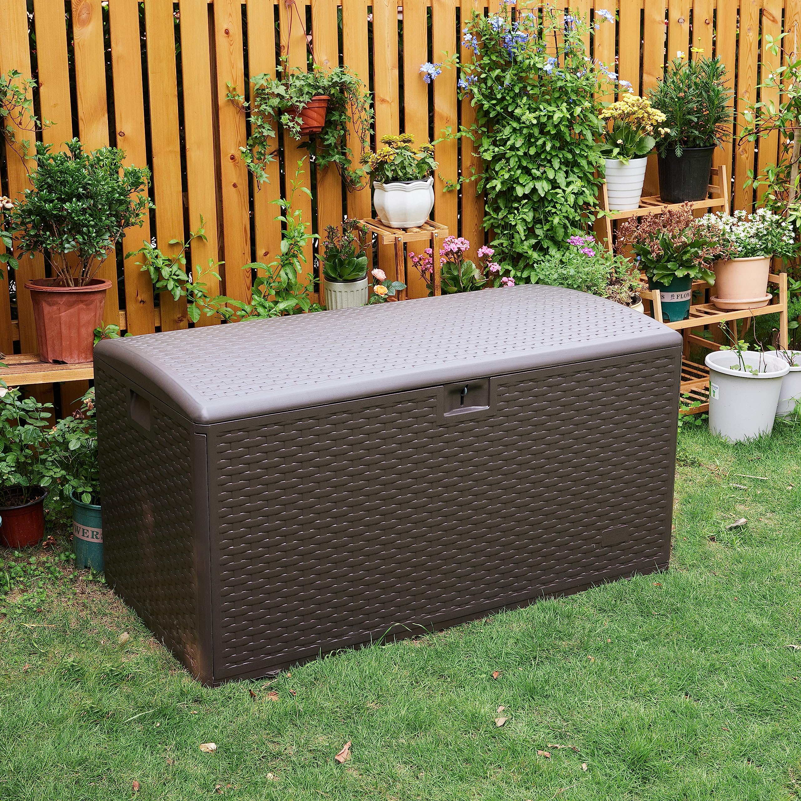 Amazon Basics 99 Gallon Outdoor Patio Storage Deck Box - Waterproof & Weather-resistant Deck Box for Patio Furniture Cushions, Garden Tools, Pool Accessories - Perfect for Backyard, Deck, and Poolside Storage (Brown)
