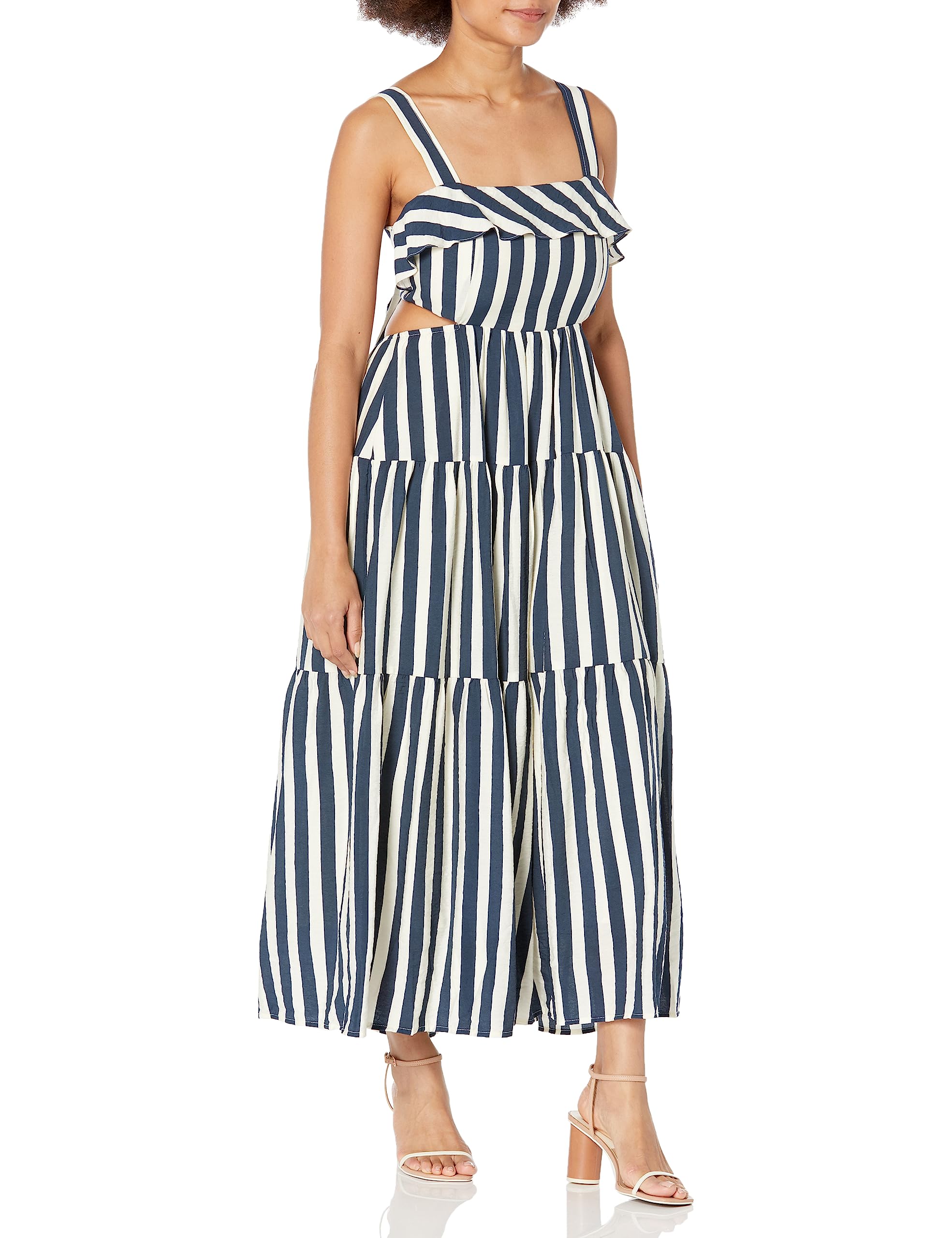 MOON RIVER Women's Ruffled Back Tie Cut-Out Shirred Tiered Midi Dress - Flowy Summer Dress for Beach, Party & Date Night