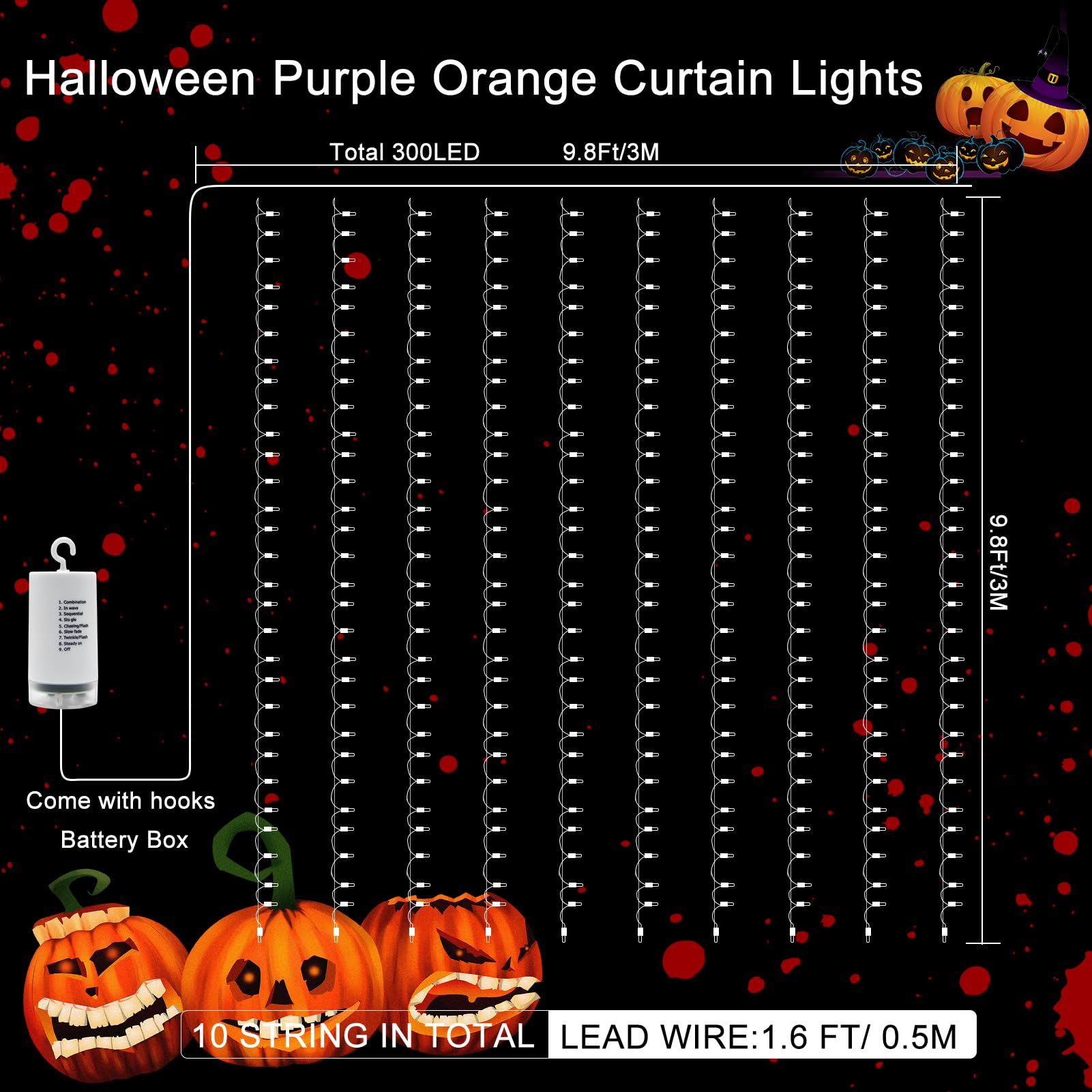 300 LED Halloween Curtain Lights Battery Operated - 9.8Ft x 9.8Ft Purple Orange Fairy String Lights with Remote & Timer for Party, Garden, Yard, Window, Bedroom, and Indoor/Outdoor Decor
