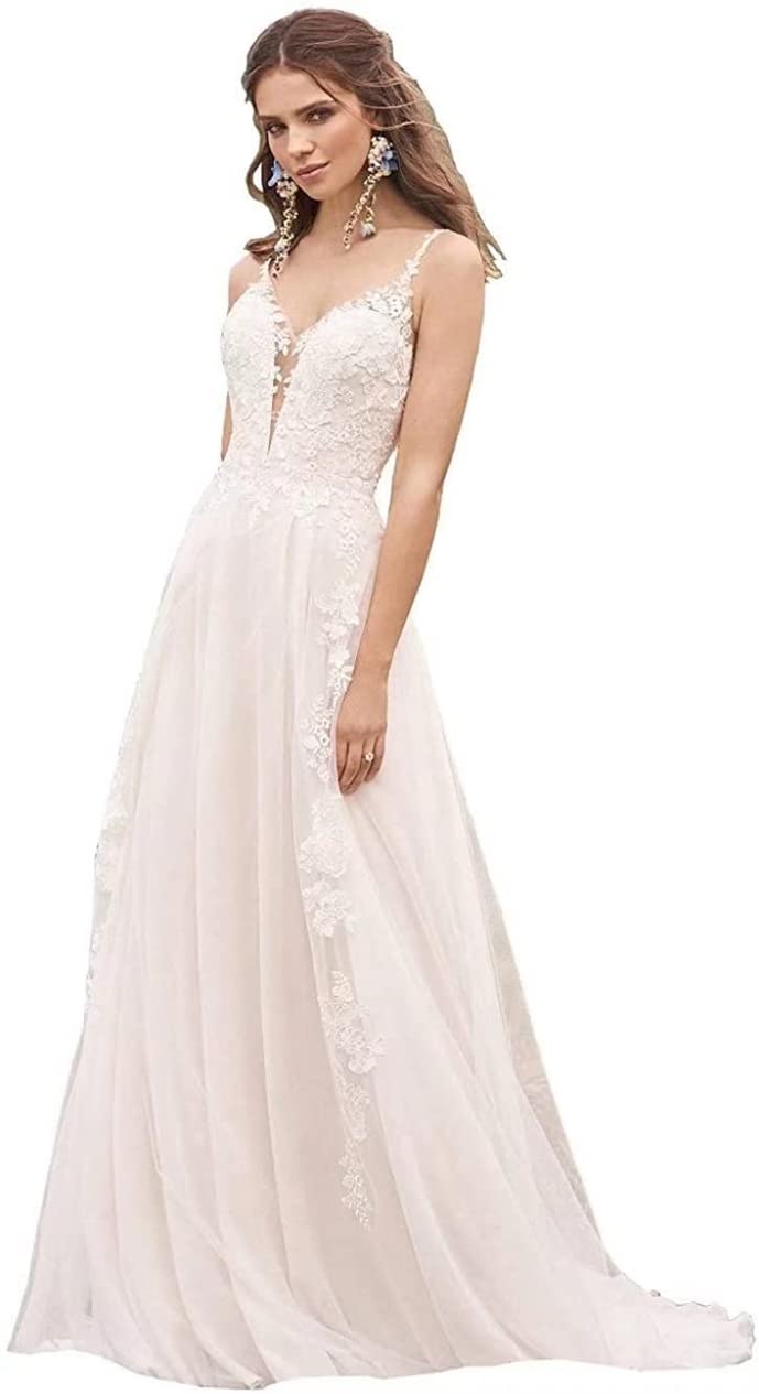 2023 Elegant Lace Appliques Wedding Dress for Bride - Long V-Neck Tulle Bridal Gown WD01 | Perfect for Church Ceremony, Beach Wedding & Formal Reception