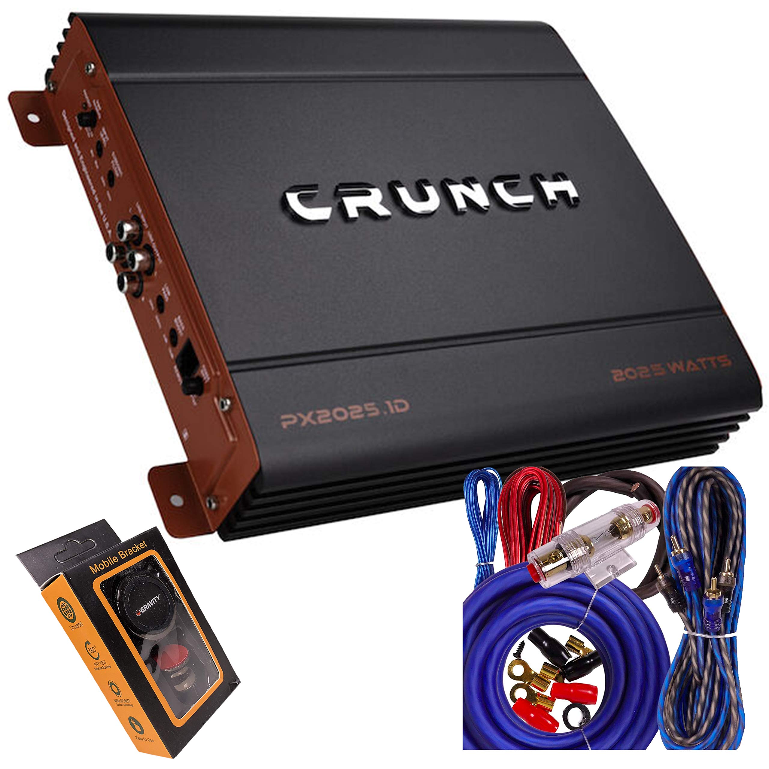 Crunch PX-2025.1D 2000W Mono Subwoofer Car Amplifier with Bass Control & Remote | Includes Gravity Magnet Phone Holder & 4 Gauge Blue Amp Kit | Perfect for Car Audio Upgrades & Bass Enthusiasts