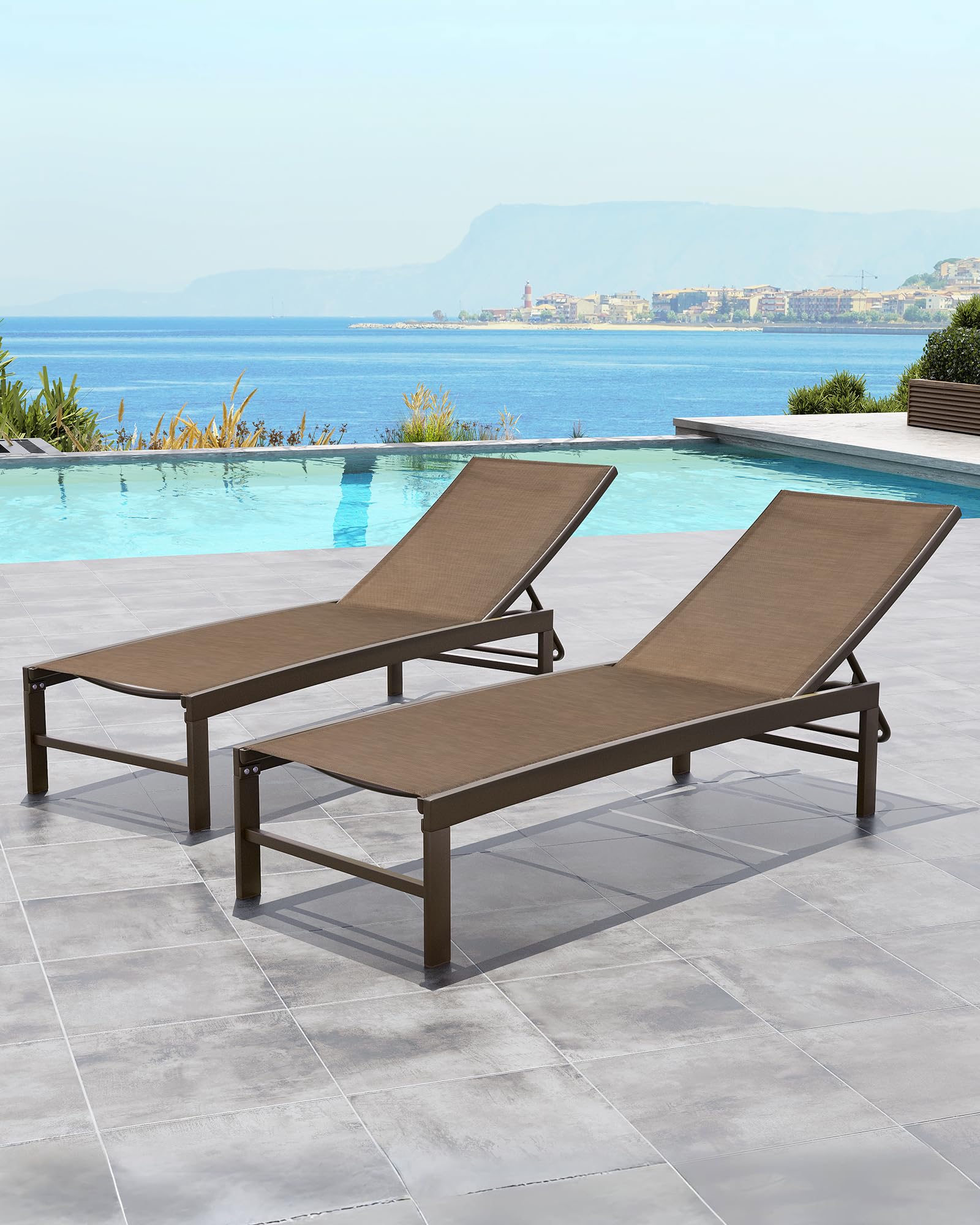 Crestlive 2-Piece Outdoor Aluminum Pool Chaise Lounge Chairs Set - Adjustable 5-Position Tanning Recliner - All-Weather Patio, Beach, Yard & Pool Furniture (Brown) - Perfect for Sunbathing, Relaxing by the Pool or Backyard Lounging