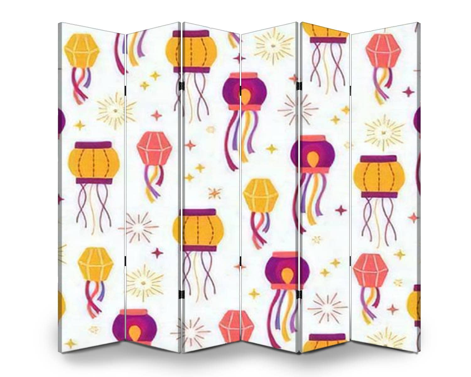 White Folding Room Divider Screen with Lantern & Stars Print - Freestanding Privacy Partition for Indoor/Outdoor Use | Perfect for Diwali Decor, Home Office, Bedroom Separation, and Event Spaces