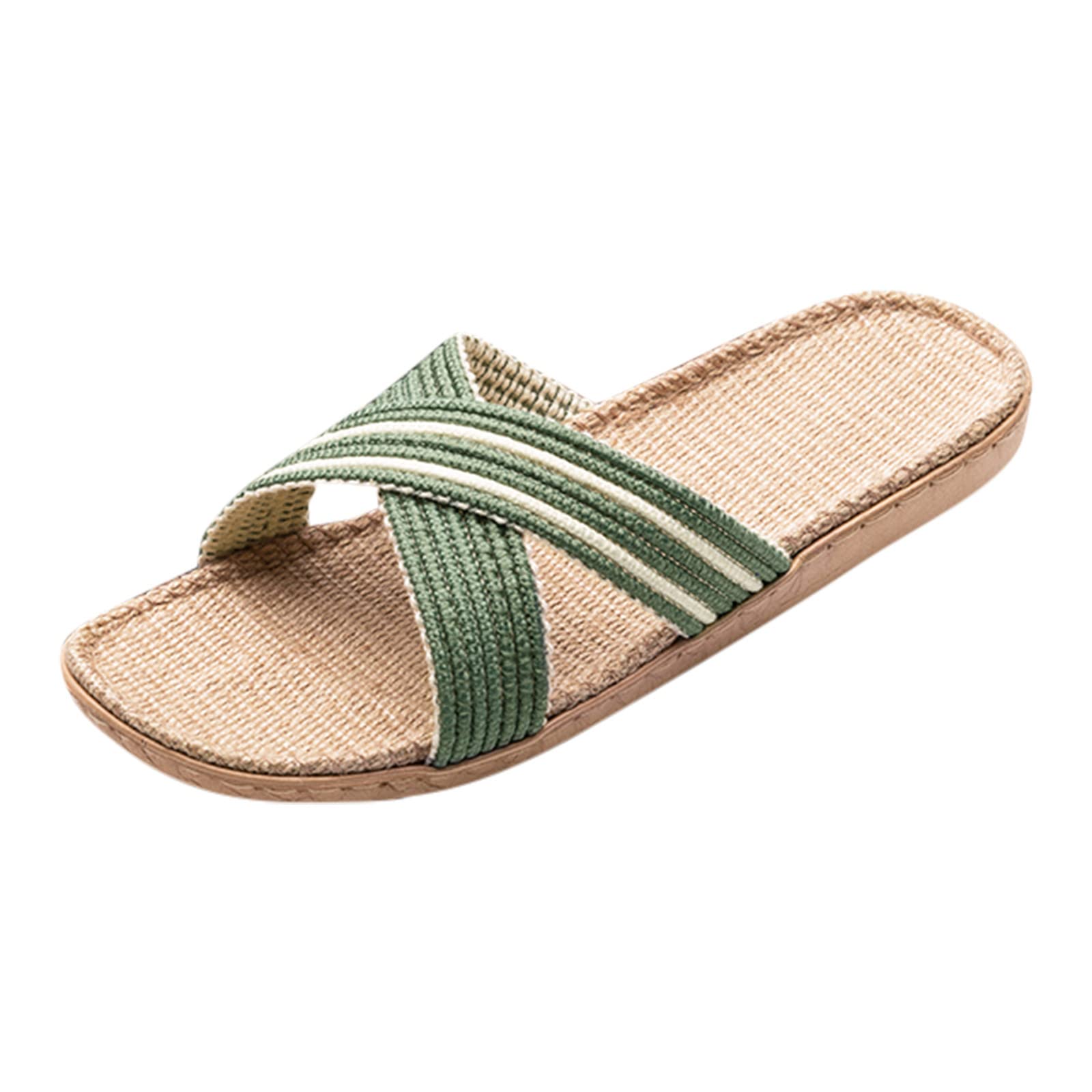 Breathable Linen Slippers for Women & Men - Summer Beach Slides, House Shoes, Comfortable Indoor/Outdoor Sandals - Cat Design (Green, Size 6) | Perfect for Home, Vacation & Poolside Relaxation