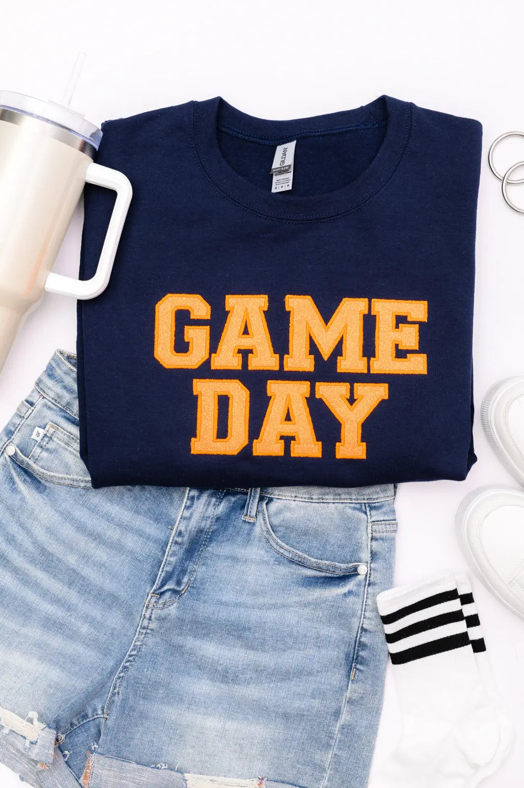 PREORDER: Embroidered Glitter Game Day Sweatshirt - Navy & Orange | College Football Fan Apparel, Tailgating Outfit, Sports Party Wear