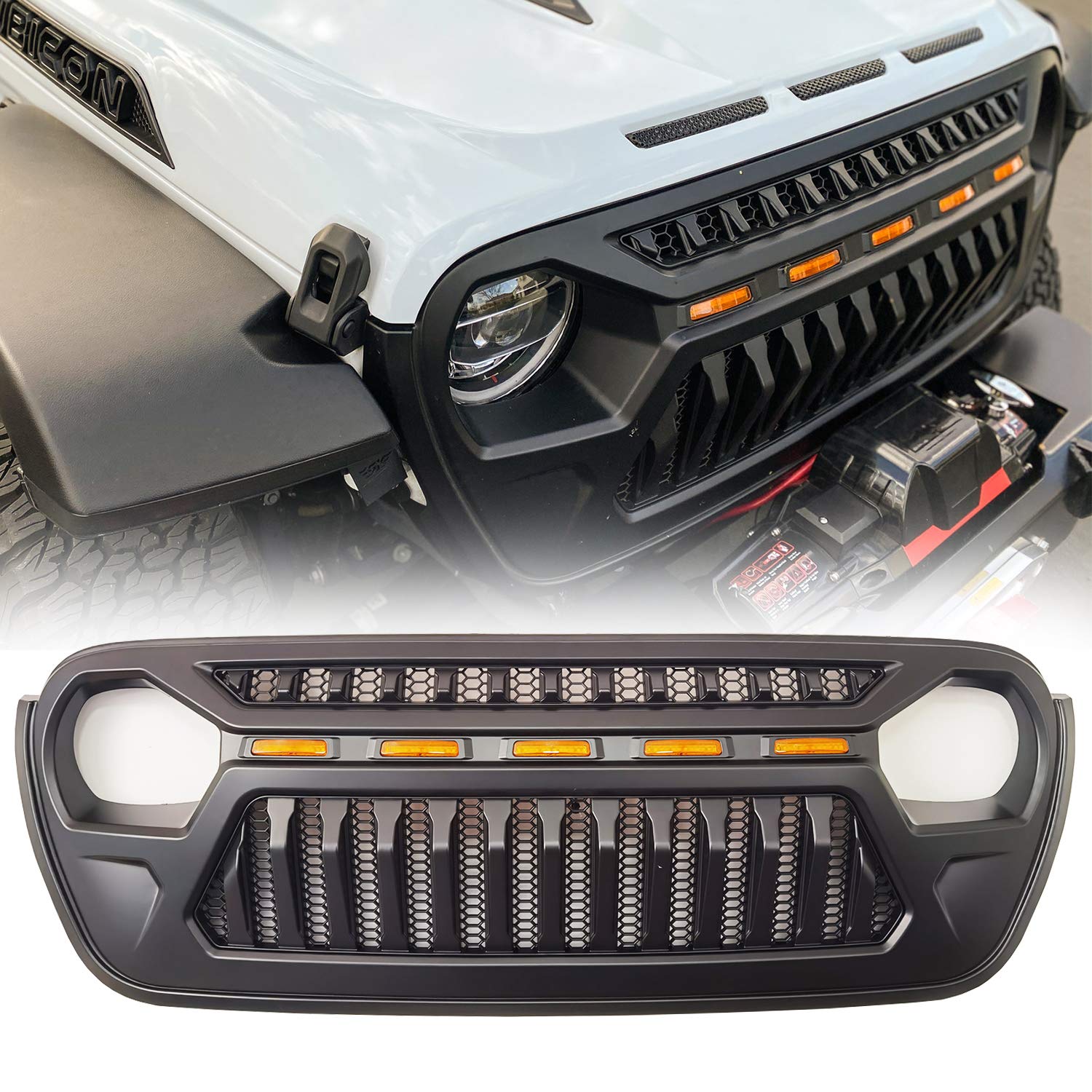 2018+ Jeep Wrangler JL/JLU & Gladiator JT Matte Black Mesh Grille Front Cover with Amber LED Running Lights | Off-Road Protection & Style Upgrade