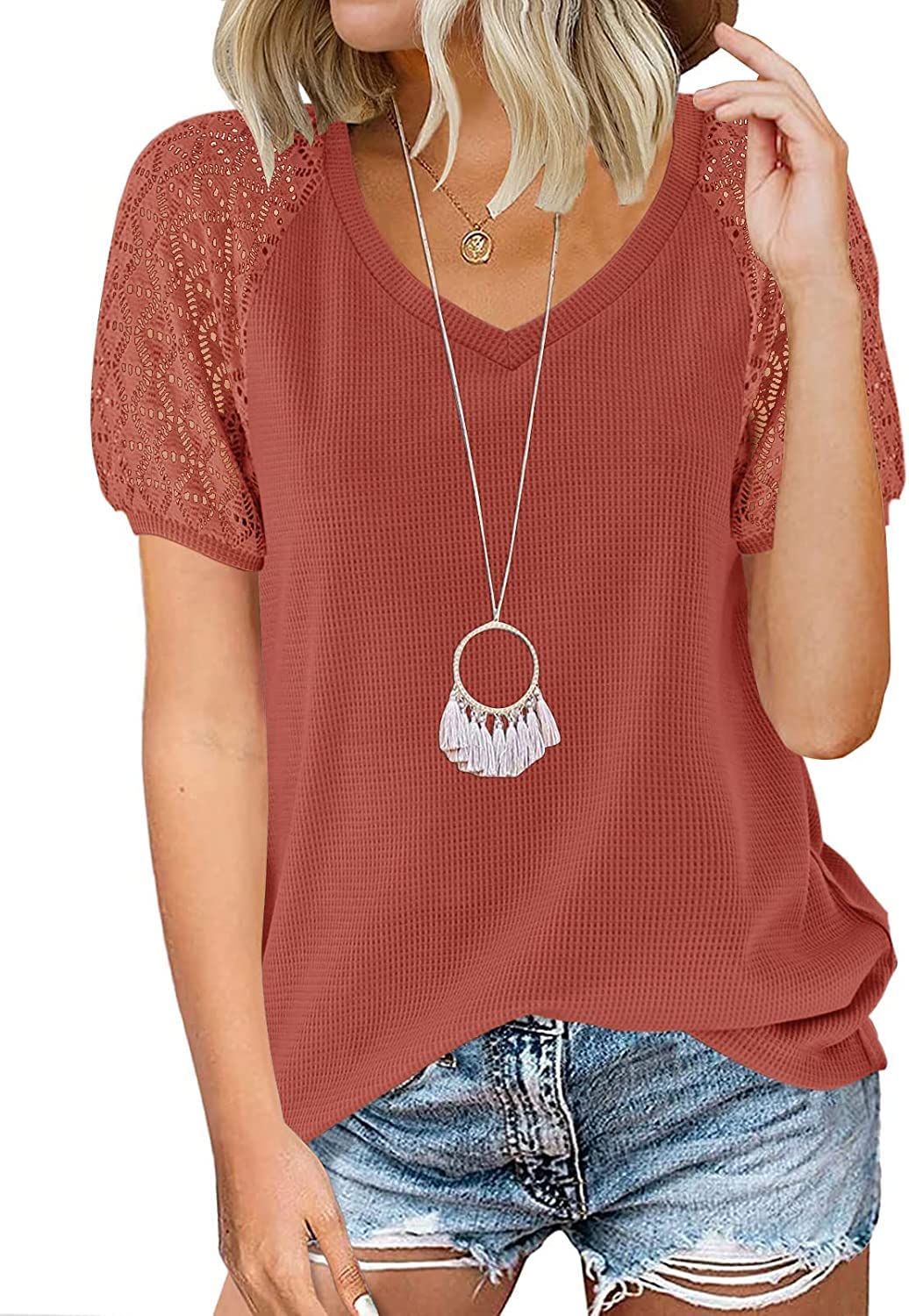 MEROKEETY Women's Summer Lace Short Sleeve V-Neck Blouse - Loose Casual Waffle Tee Top for Beach, Date Night & Office Wear