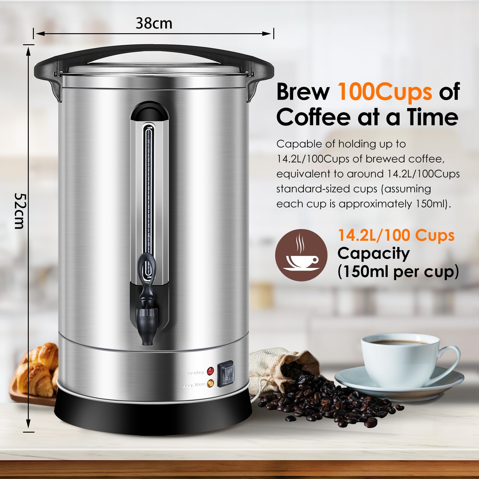 100-Cup Commercial Coffee Urn - 14.2L Stainless Steel Electric Coffee Maker with Double Wall Insulation & Quick Brew Technology | Large Hot Water Dispenser for Restaurants, Offices & Catering Events (Silver)
