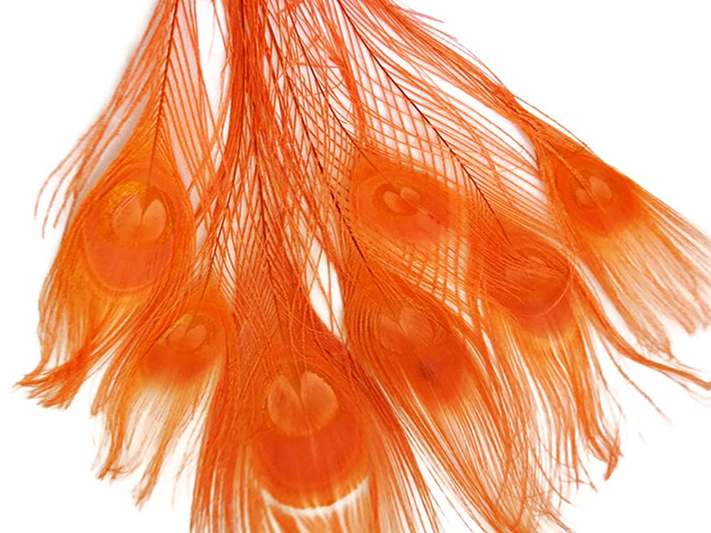 100 Pieces Orange Bleached & Dyed Peacock Tail Eye Feathers Bulk 10-12