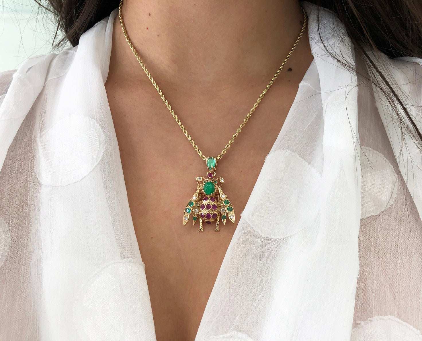 4.14tcw Genuine Emerald Ruby Diamond Bug Bee Insect Pendant in 14K Gold - Elegant Jewelry for Women, Perfect Gift for Birthdays & Anniversaries