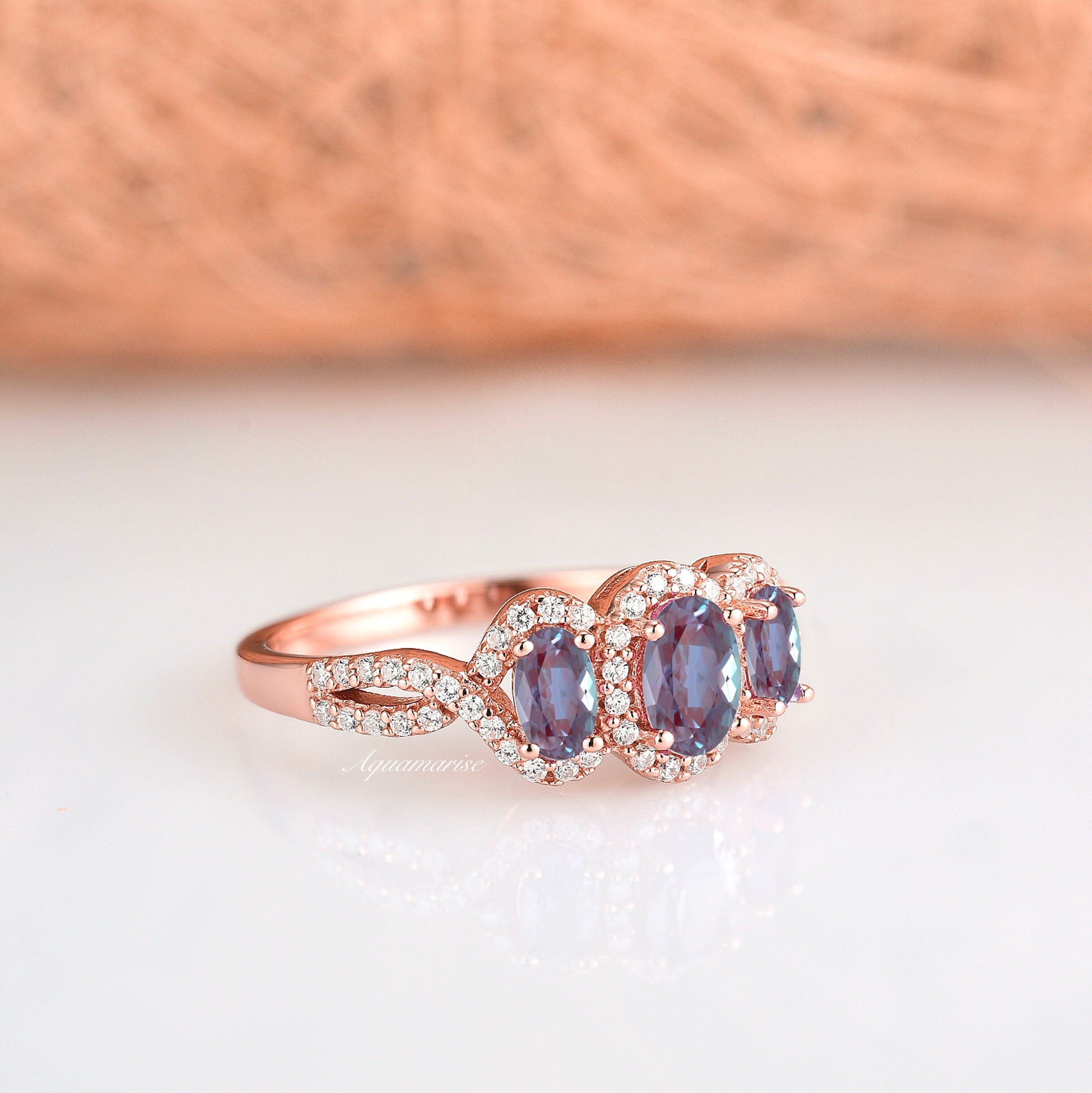 14K Rose Gold Vermeil Trio Alexandrite Ring for Women - Elegant Birthstone Jewelry Gift for Anniversary, Engagement & Special Occasions