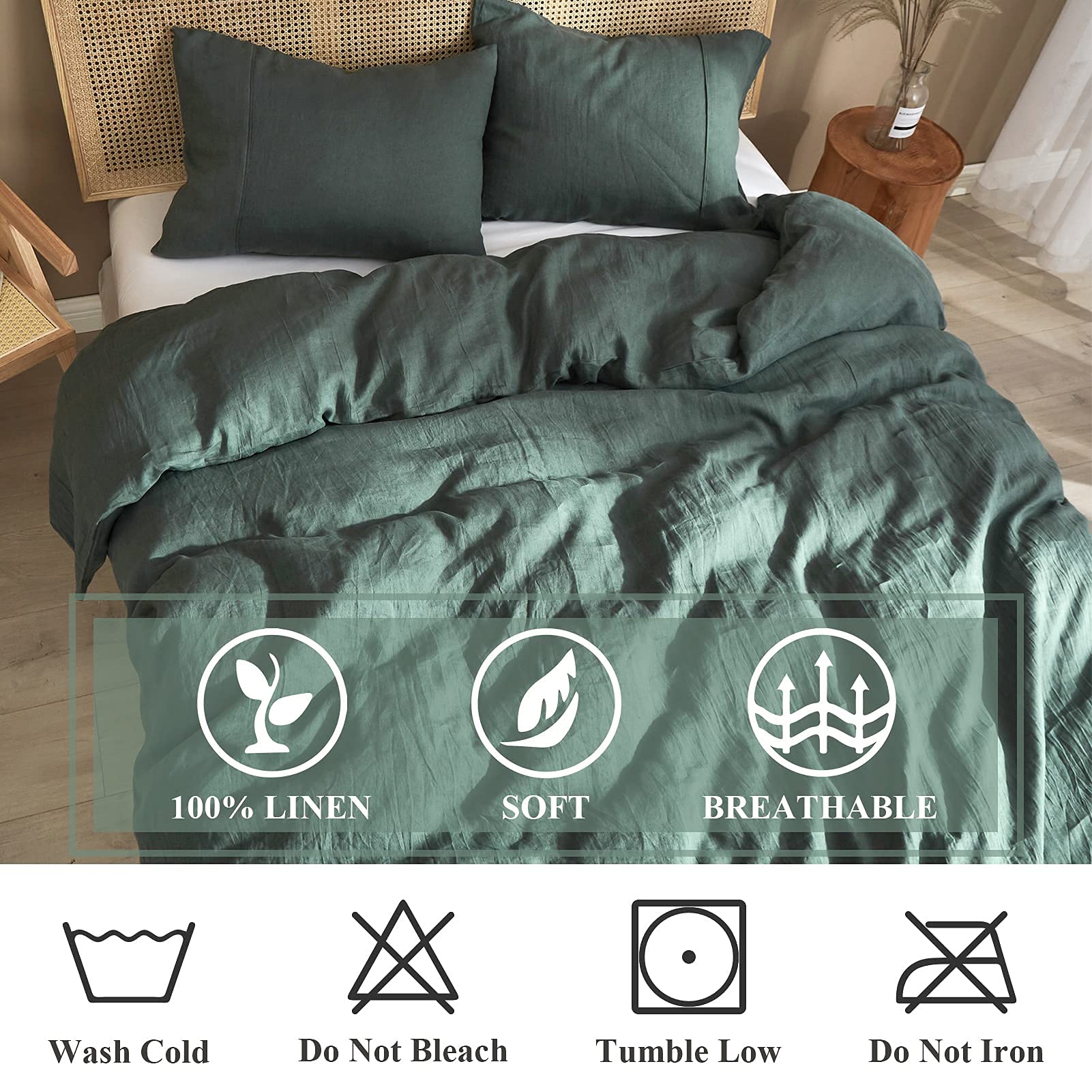 **Ivory Green Linen Duvet Cover King Size – 100% Pure Washed French Flax Linen Bedding Set (3-Piece) – Soft, Breathable & Natural – Includes 1 Duvet Cover & 2 Pillow Shams – Perfect for Eco-Friendly & Luxurious Bedroom Decor**