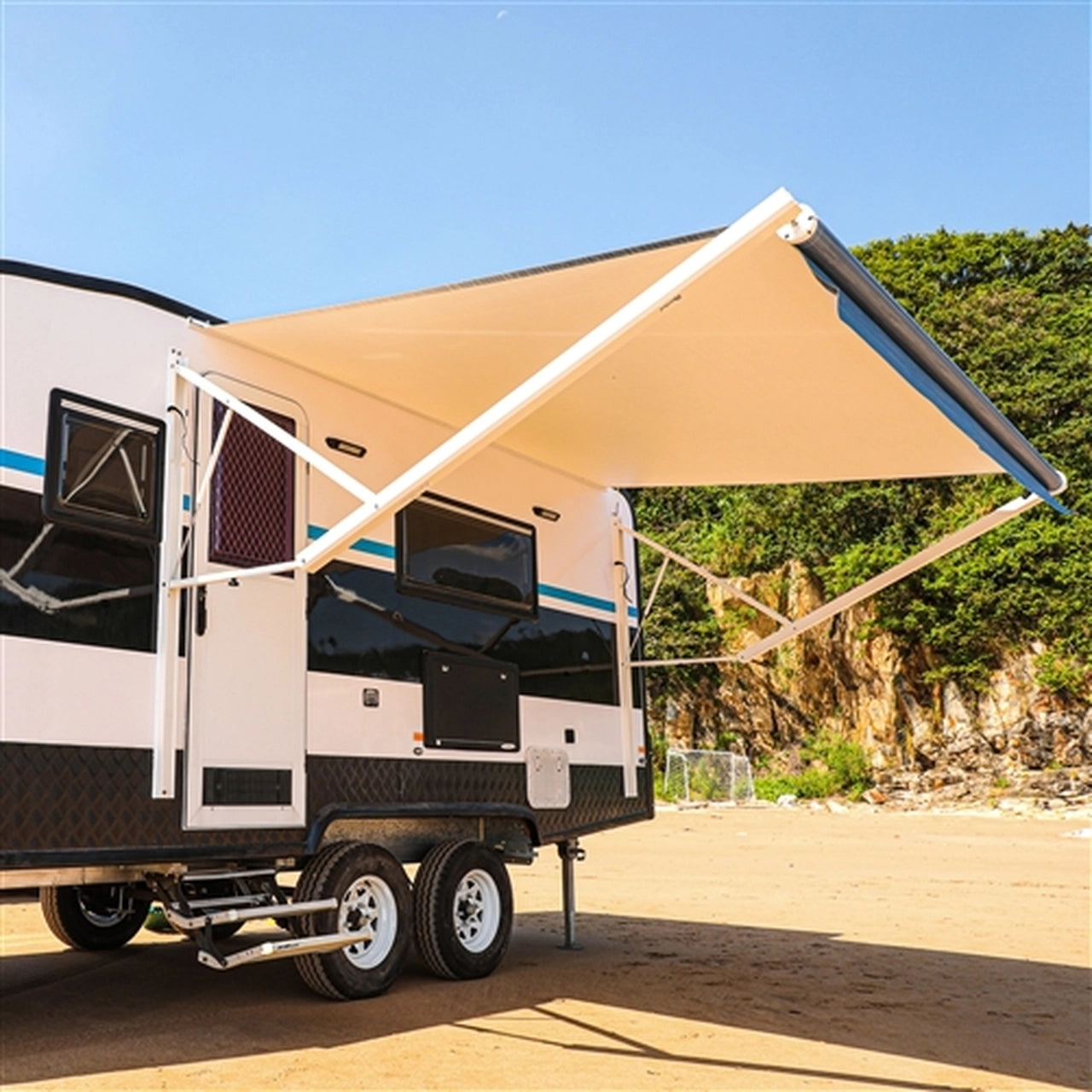 Aleko 21 x 8 Feet Motorized Retractable RV Awning with Blue Fade - Perfect for Camping, Outdoor Relaxation & RV Travel Accessories