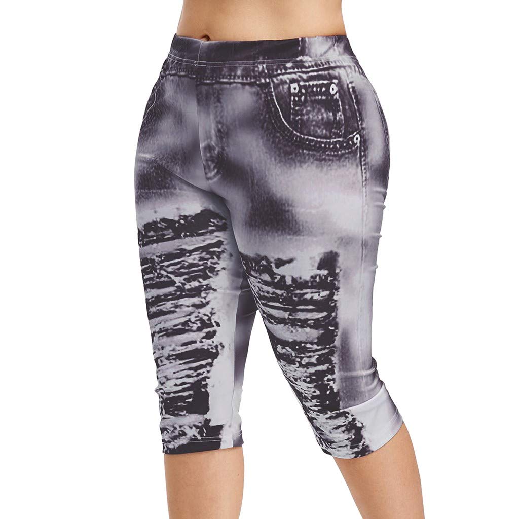 ahiihe Women's Bermuda Shorts - Plus Size High Waist Capri Yoga Shorts with Pockets | Ripped Jean Print Leggings for Casual Wear, Workout & Summer Outfits