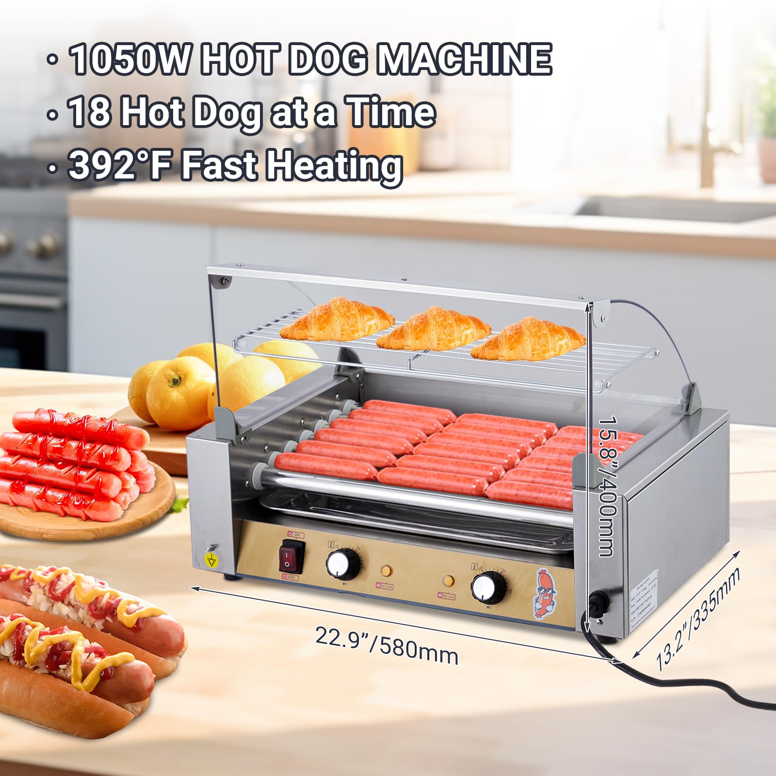 18 Hot Dog Roller with Bun Warmer - 1050W Commercial Grade Hot Dog Machine with 7 Stainless Steel Rollers, Dual Temperature Control, PC Hood Shelf & Removable Oil Drip Tray - Perfect for Restaurants, Food Trucks, Carnivals and Home Use